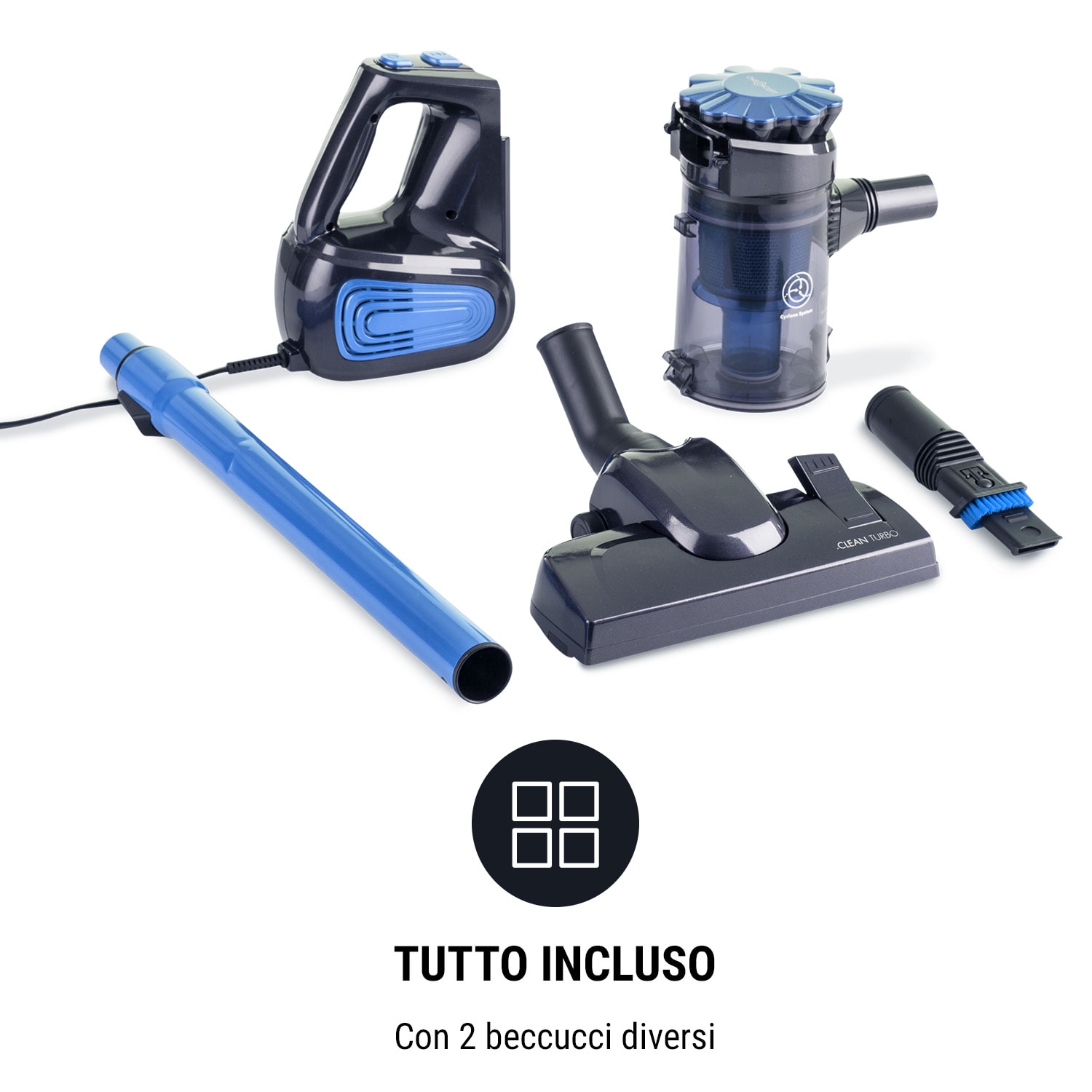 CleanTurbo Aspirapolvere Ciclonico manuale, 600 W, Sistema MultiCyclonic, blu Blu