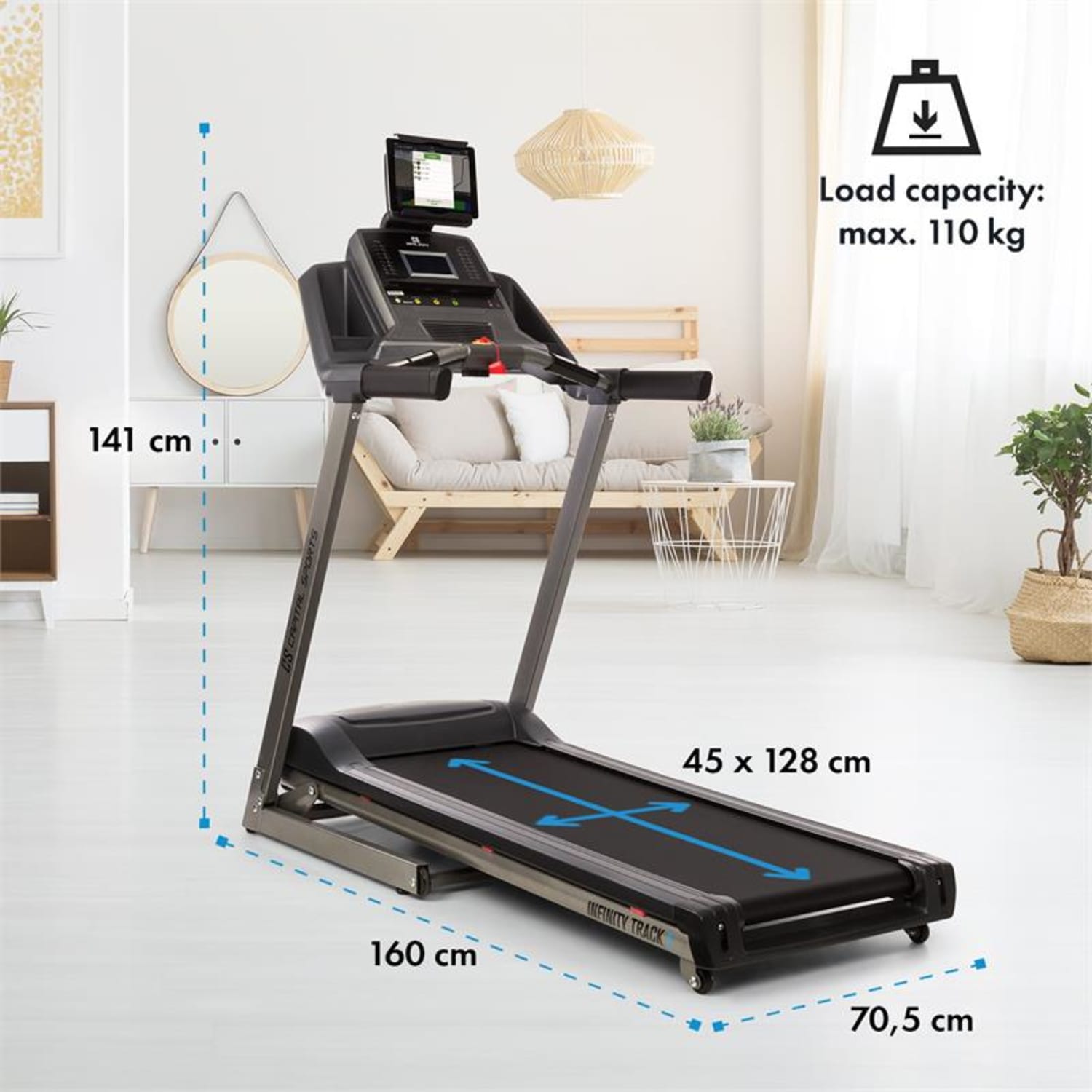 Infinity Track 2.0, futópad, 5 HP, Bluetooth, Kinomap alkalmazás, LCD