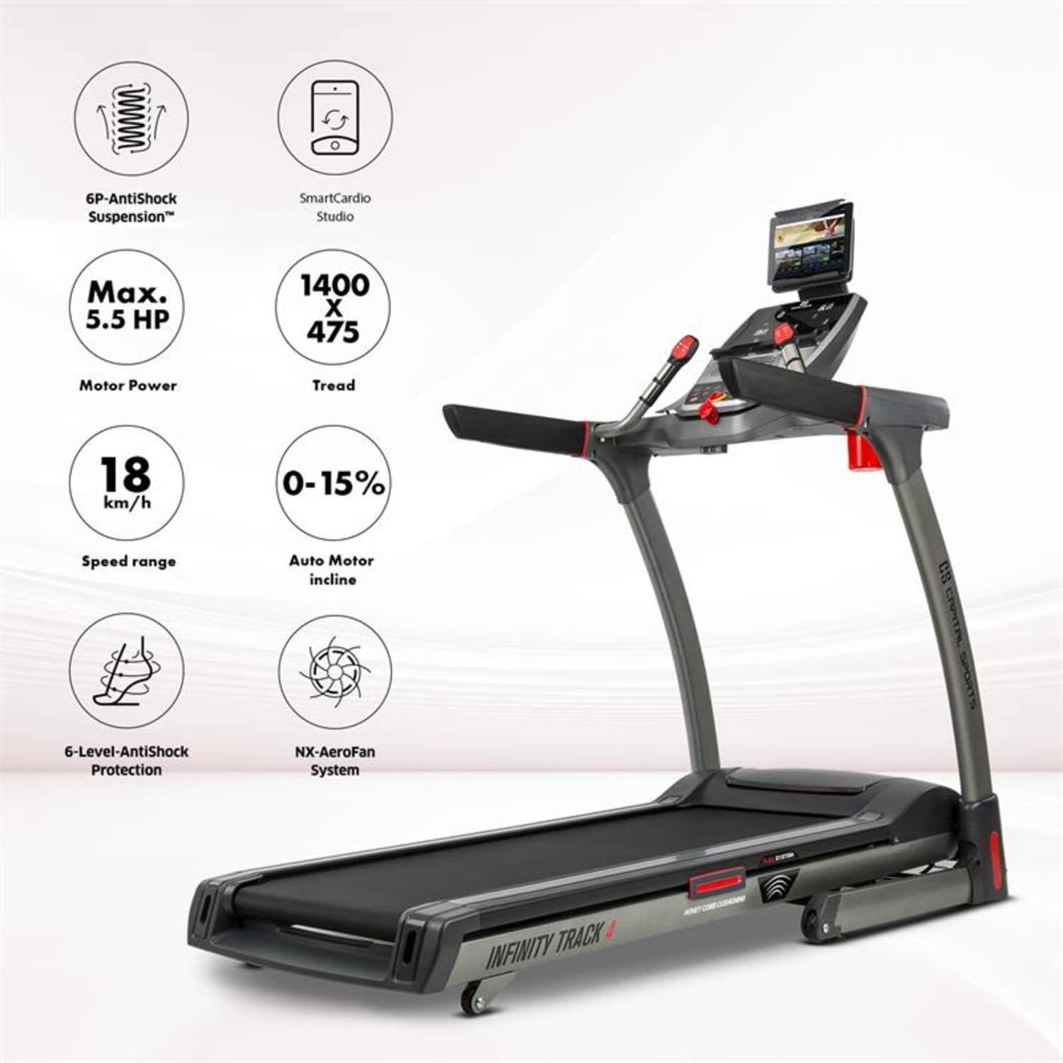 Infinity Track 4.0, futópad, 5,5 HP, Bluetooth, Kinomap alkalmazás, LED