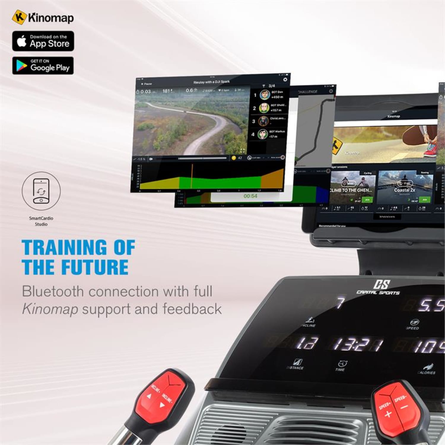 Infinity Track 4.0, futópad, 5,5 HP, Bluetooth, Kinomap alkalmazás, LED