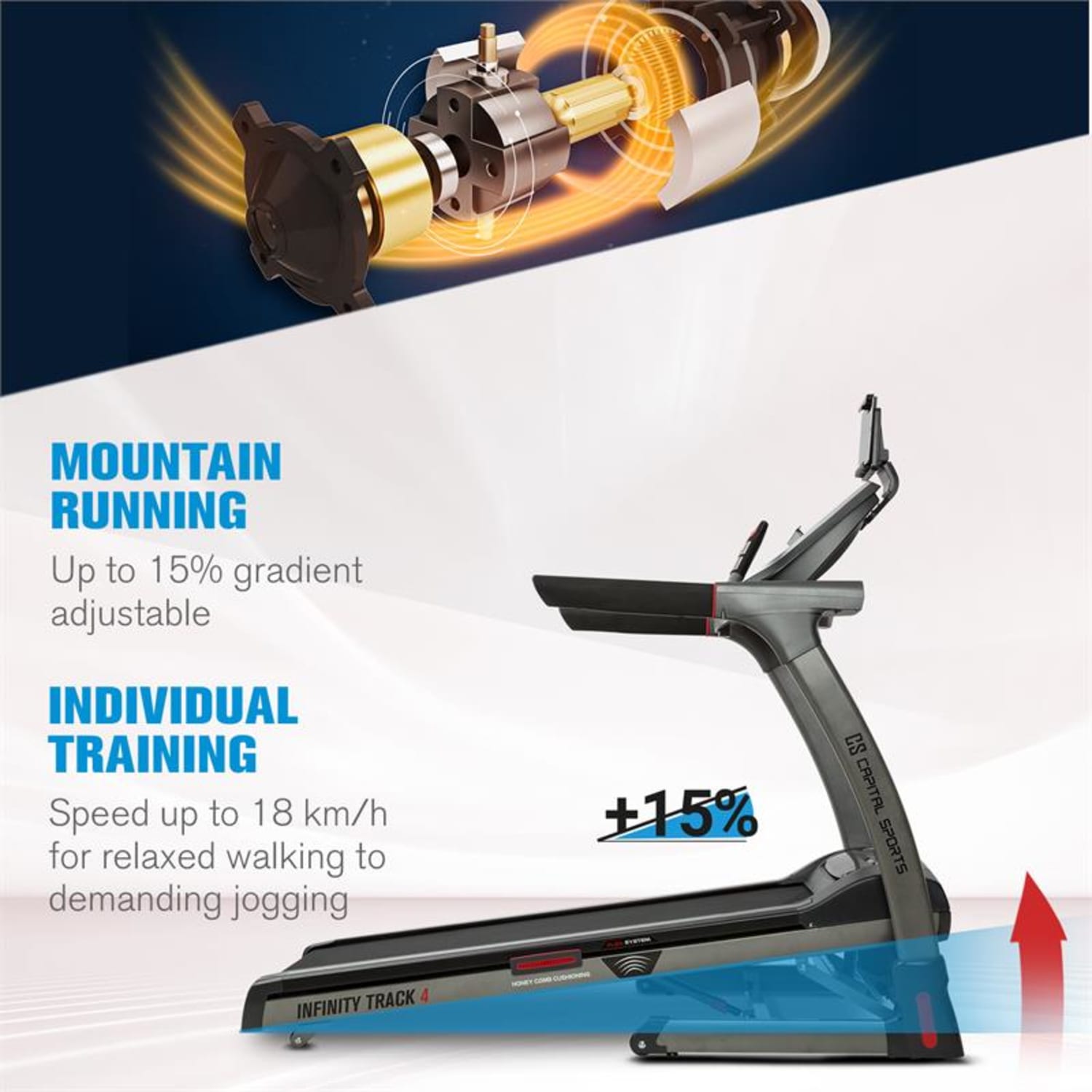 Infinity Track 4.0, futópad, 5,5 HP, Bluetooth, Kinomap alkalmazás, LED