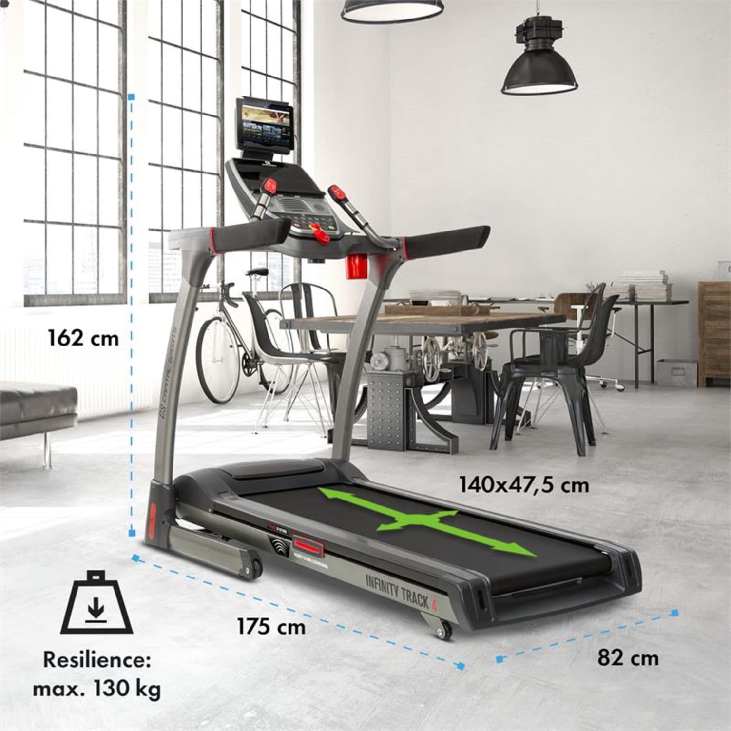 Infinity Track 4.0, futópad, 5,5 HP, Bluetooth, Kinomap alkalmazás, LED