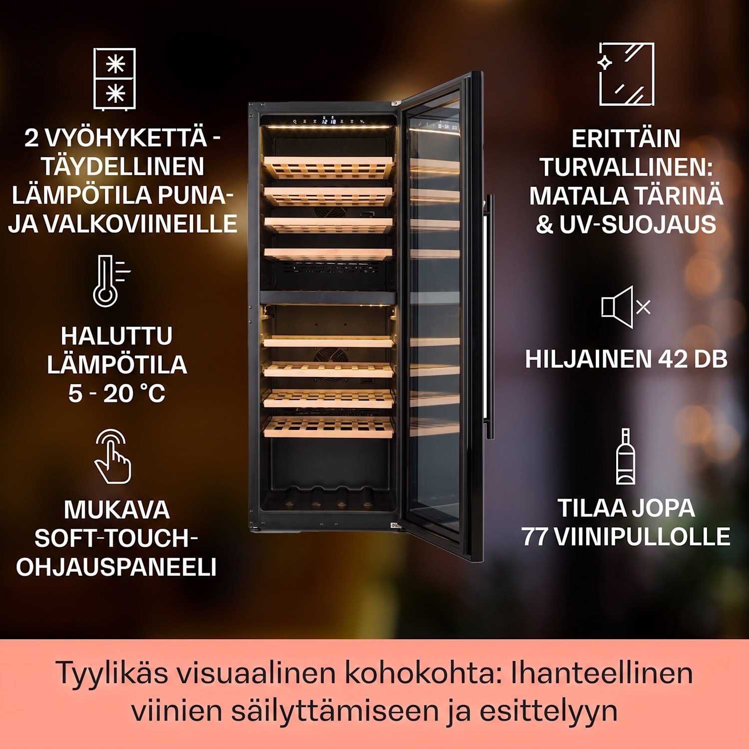Barossa 77 Duo viinikaappi 2 jäähdytysaluetta 191 l 77 pullolle kosketus LED musta 2 jäähdytysalue | 77 pulloa