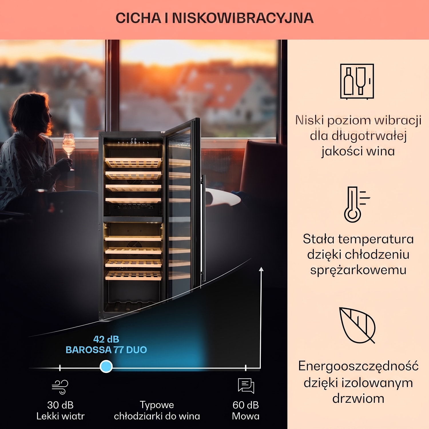 Barossa 77 Duo, chłodziarka do wina, 2 strefy, 191 l, 77 butelek, dotykowa, LED, czarna 2 strefy chłodzenia | 77 butelki