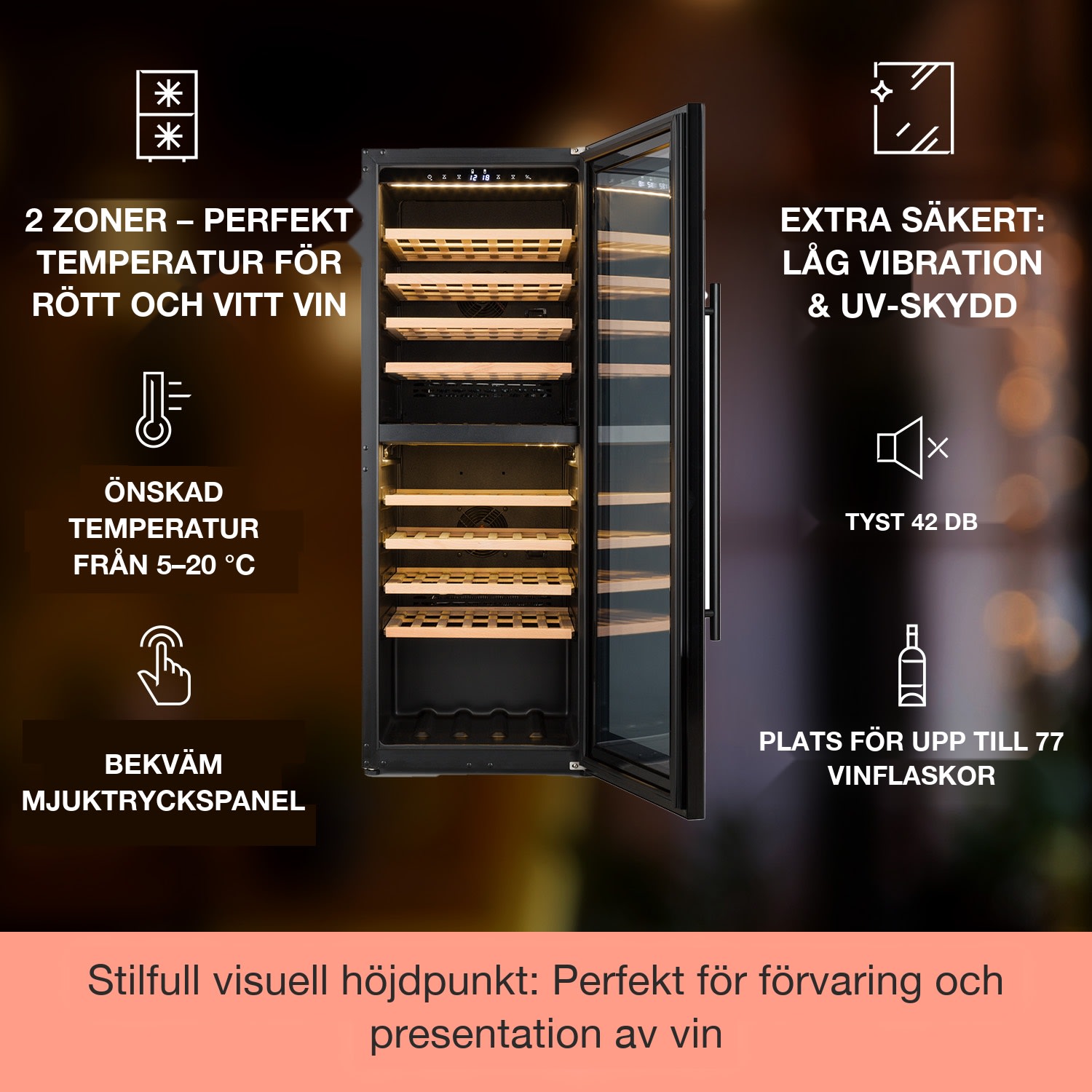 Barossa 77 Duo vinkylskåp 2 zoner 191 L 77 Fl. touch LED svart 