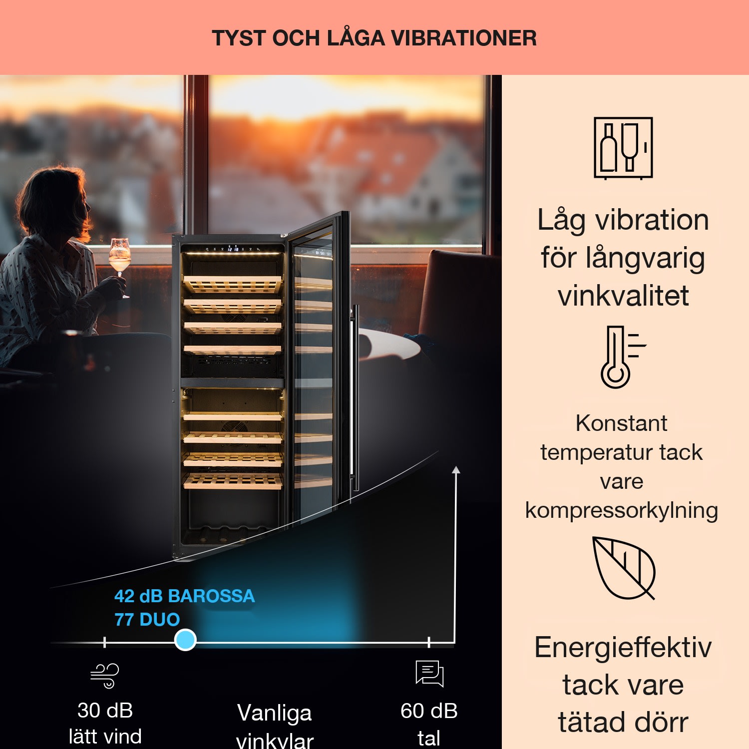 Barossa 77 Duo vinkylskåp 2 zoner 191 L 77 Fl. touch LED svart 