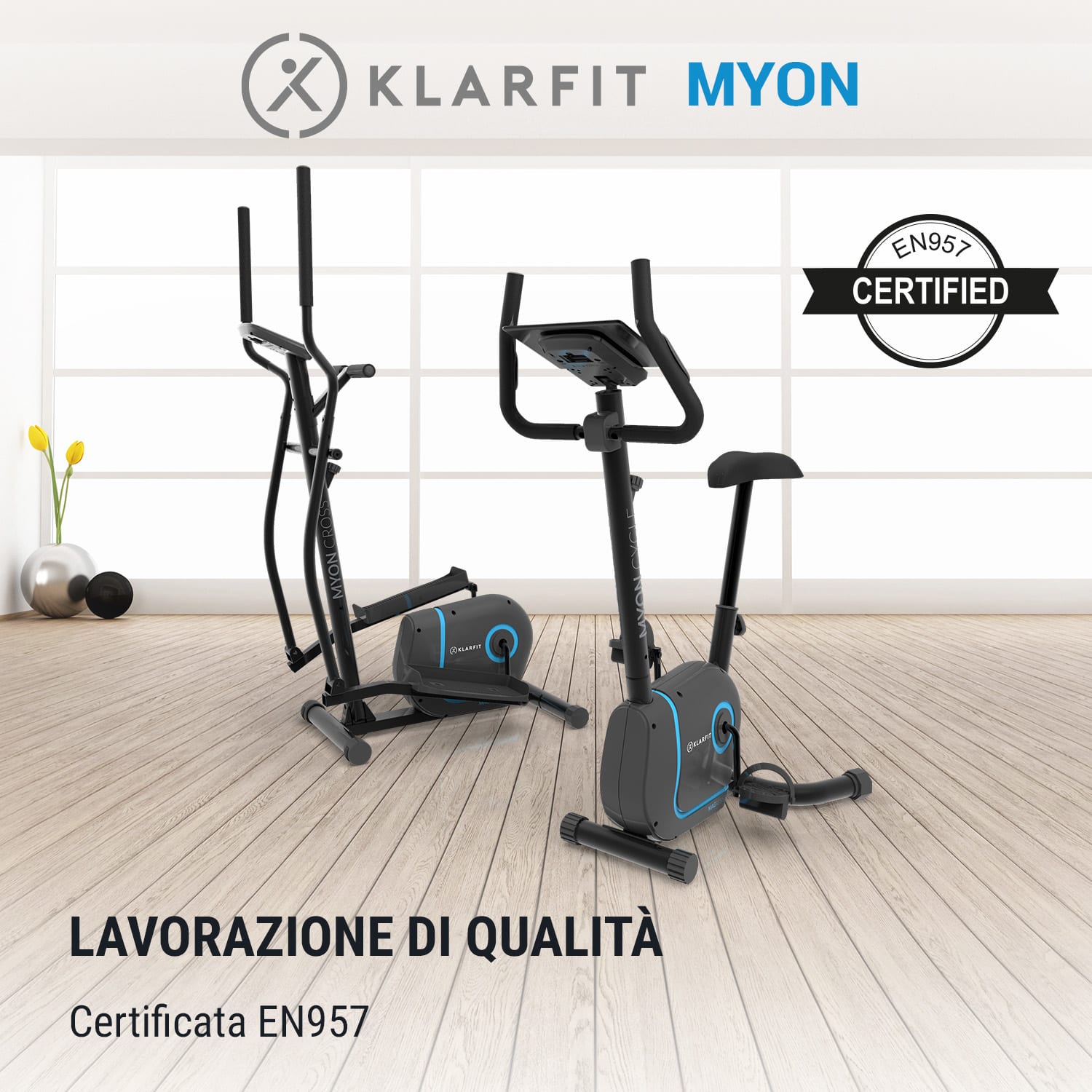 Myon Cycle Bicicletta da Training 12 kg  Massa Volano SmartCardio Studio bianca Nero