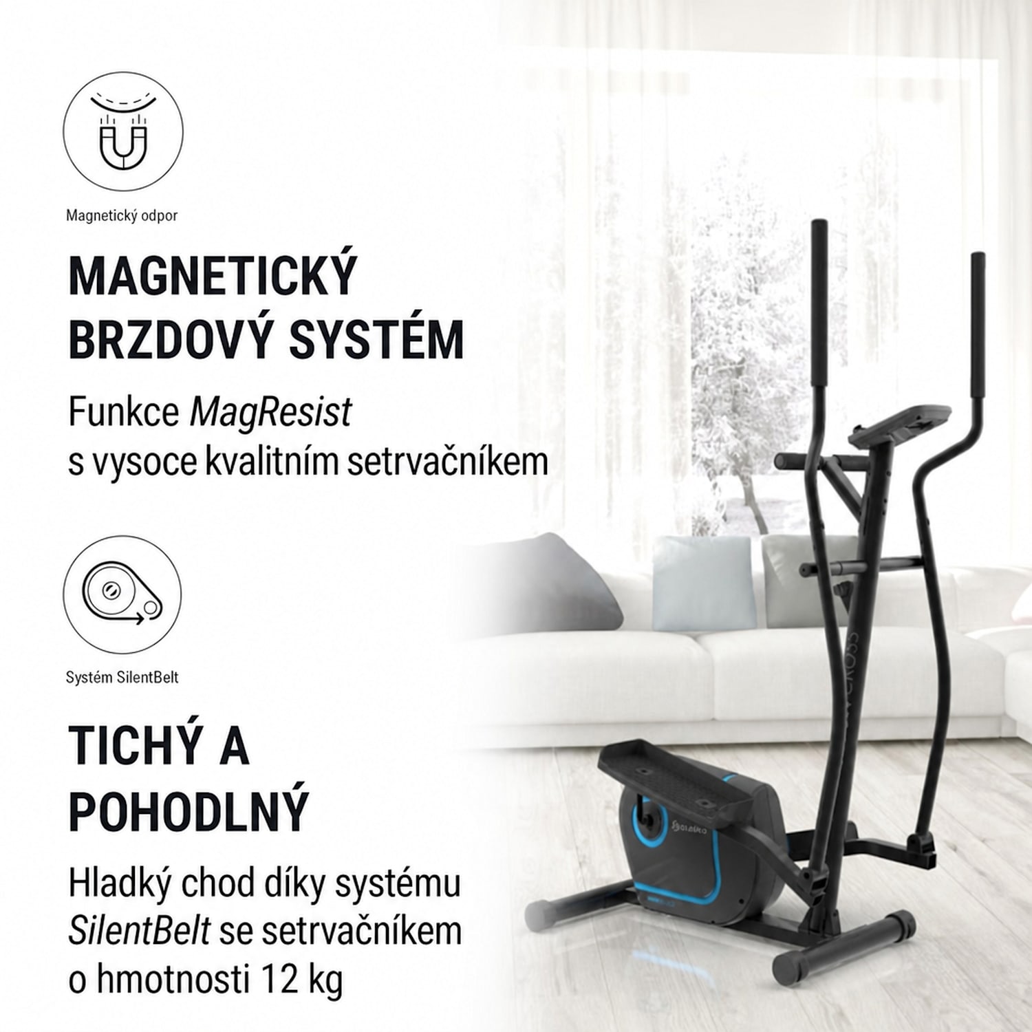 Myon Cross, eliptický trenažér, setrvačník 12 kg, systém SilentBelt, černý Černá