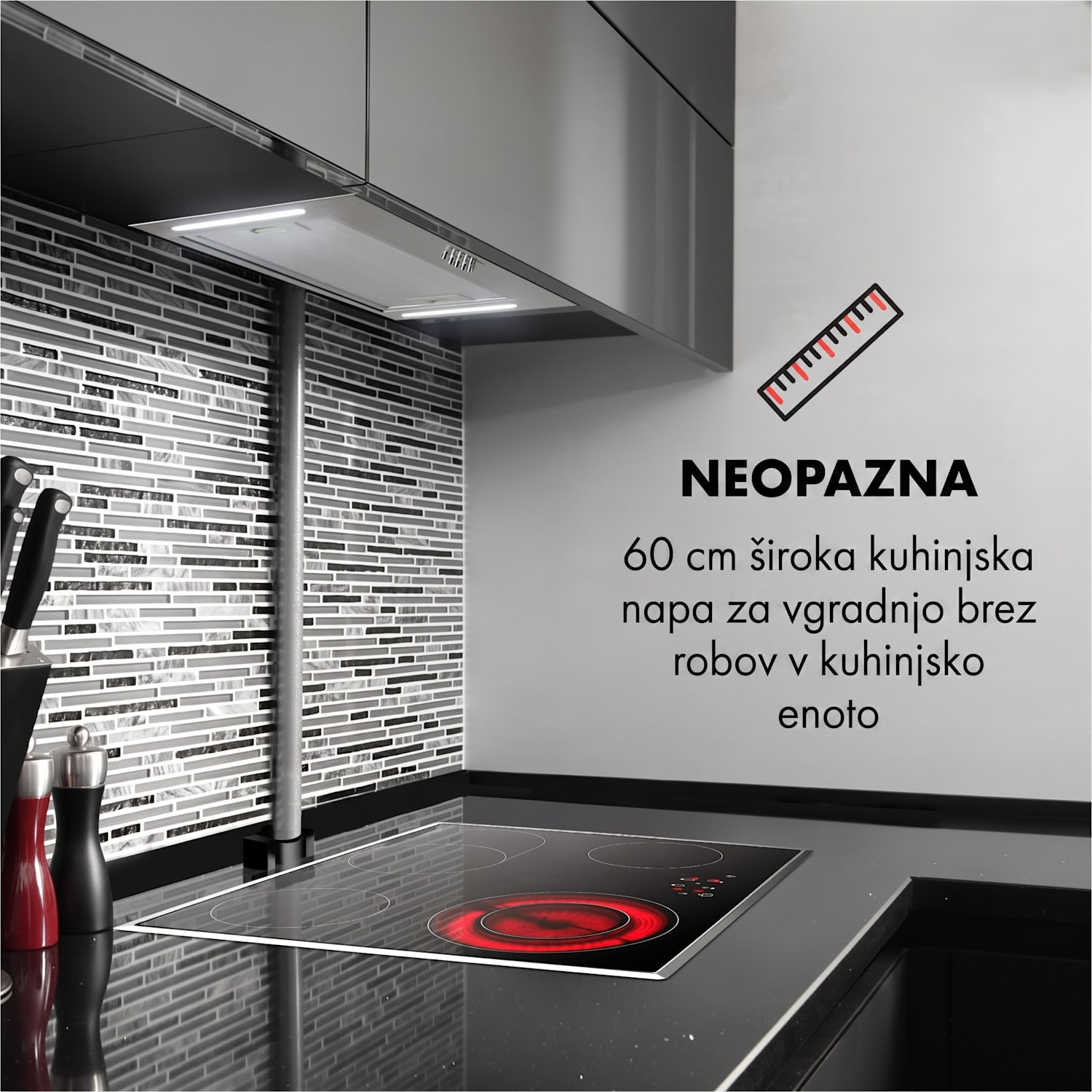 Down Under 60, digestor, vgrajen, 60 cm, 590 m³/u, LED, nerjaveče jeklo 60 cm