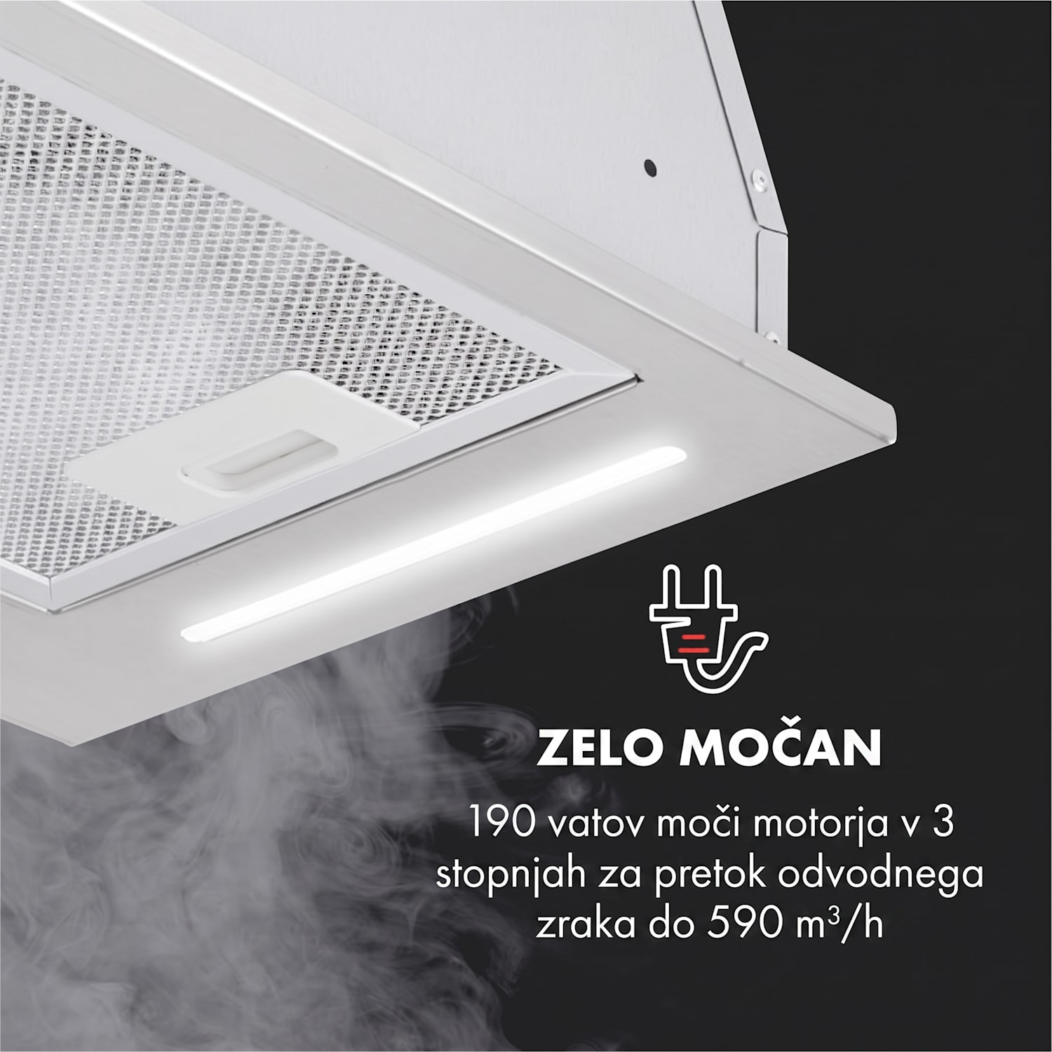 Down Under 60, digestor, vgrajen, 60 cm, 590 m³/u, LED, nerjaveče jeklo 60 cm