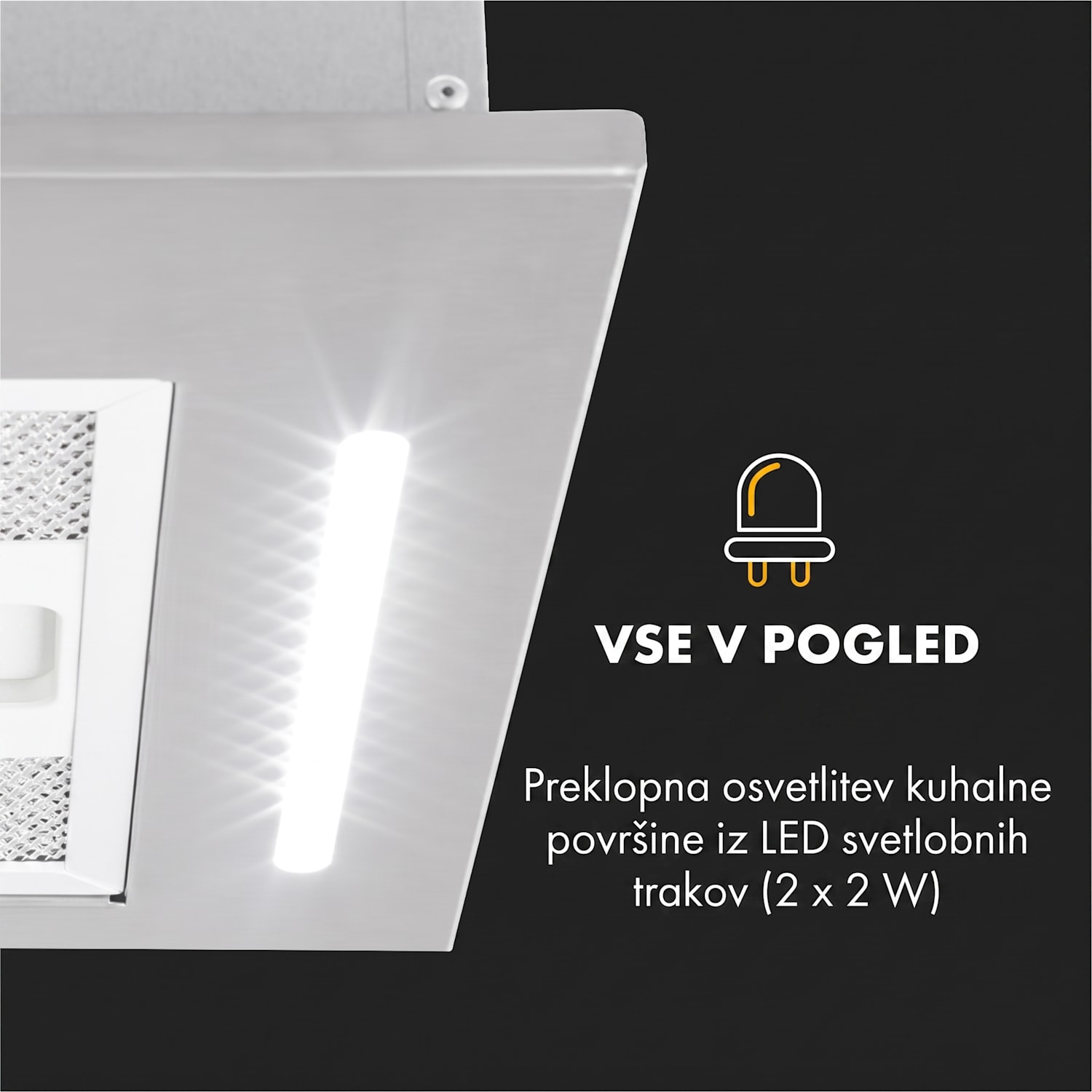 Down Under 60, digestor, vgrajen, 60 cm, 590 m³/u, LED, nerjaveče jeklo 60 cm