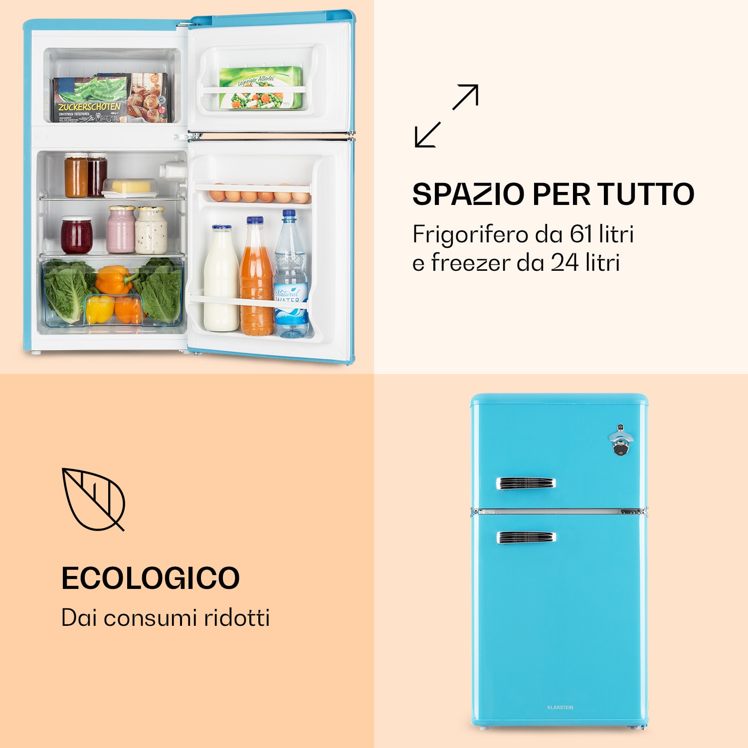 Irene frigorifero combinato con freezer 85 litri design rétro Azzurro pastello