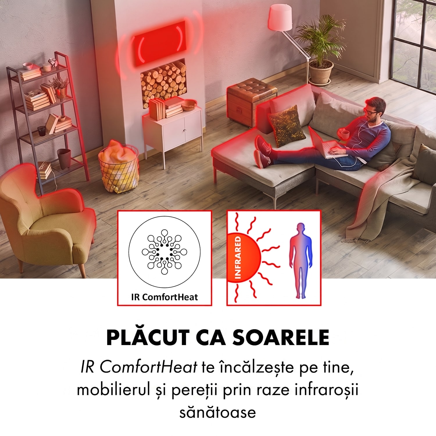 HeatPal Marble Blackline, încălzitor cu infraroșu, 1300W, marmură, aluminiu Negru