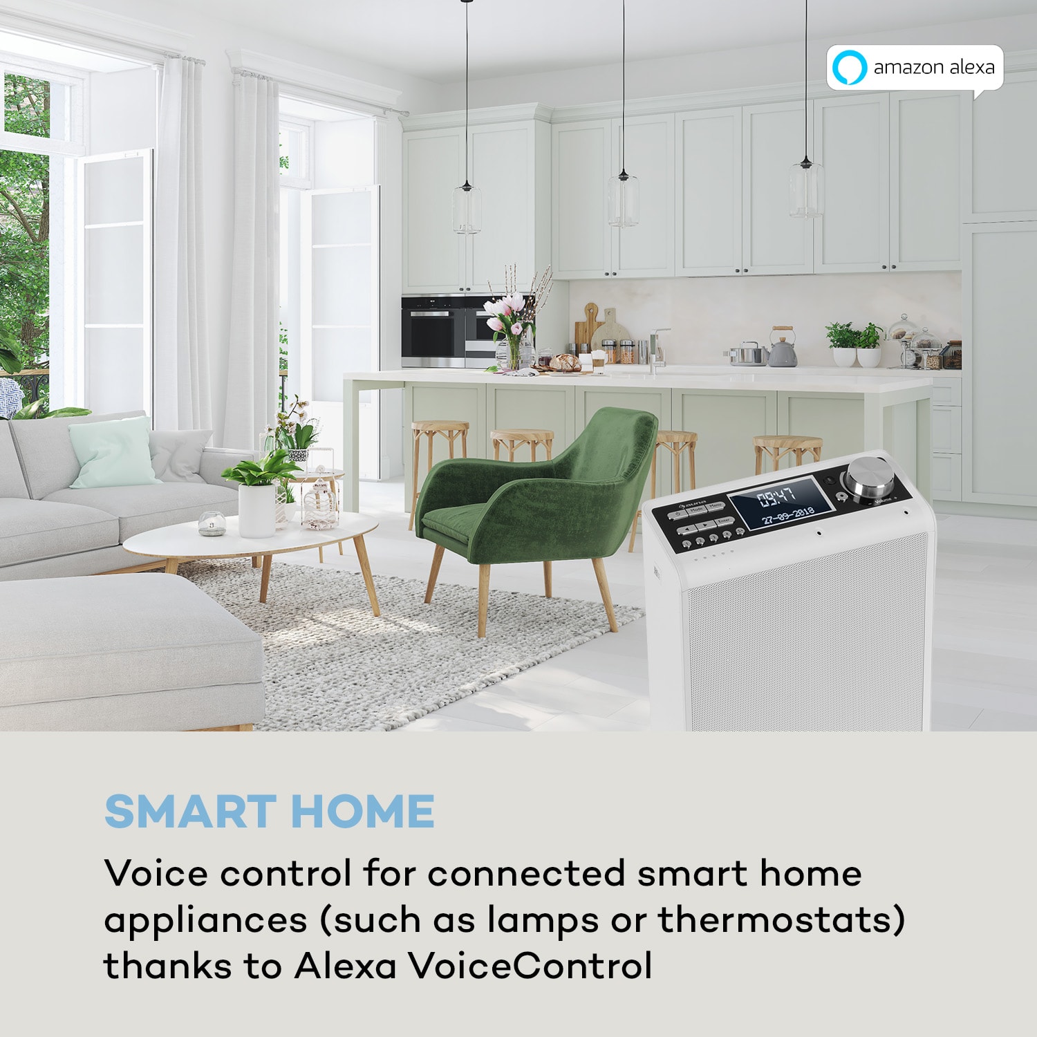 Intelligence DAB+, kuchynské rádio, hlasové ovládanie Alexa, Spotify, bluetooth, biele Biela