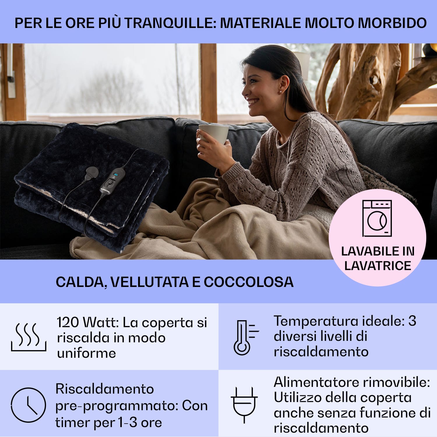 Dr. Watson SuperSoft - Termocoperta, 120 W, 180 x 130 cm, peluche a pelo lungo Nero