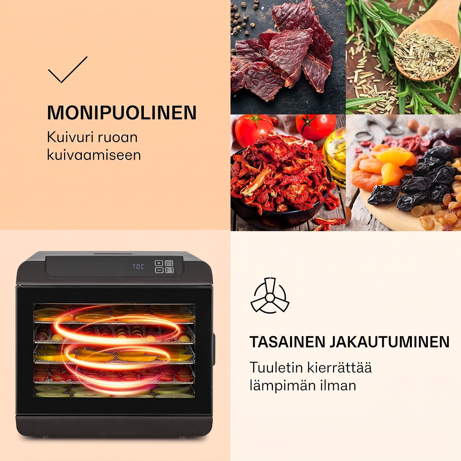 Arizona Jerky Kuivain 500W 35-70°C digitaalinen kosketusnäyttö 