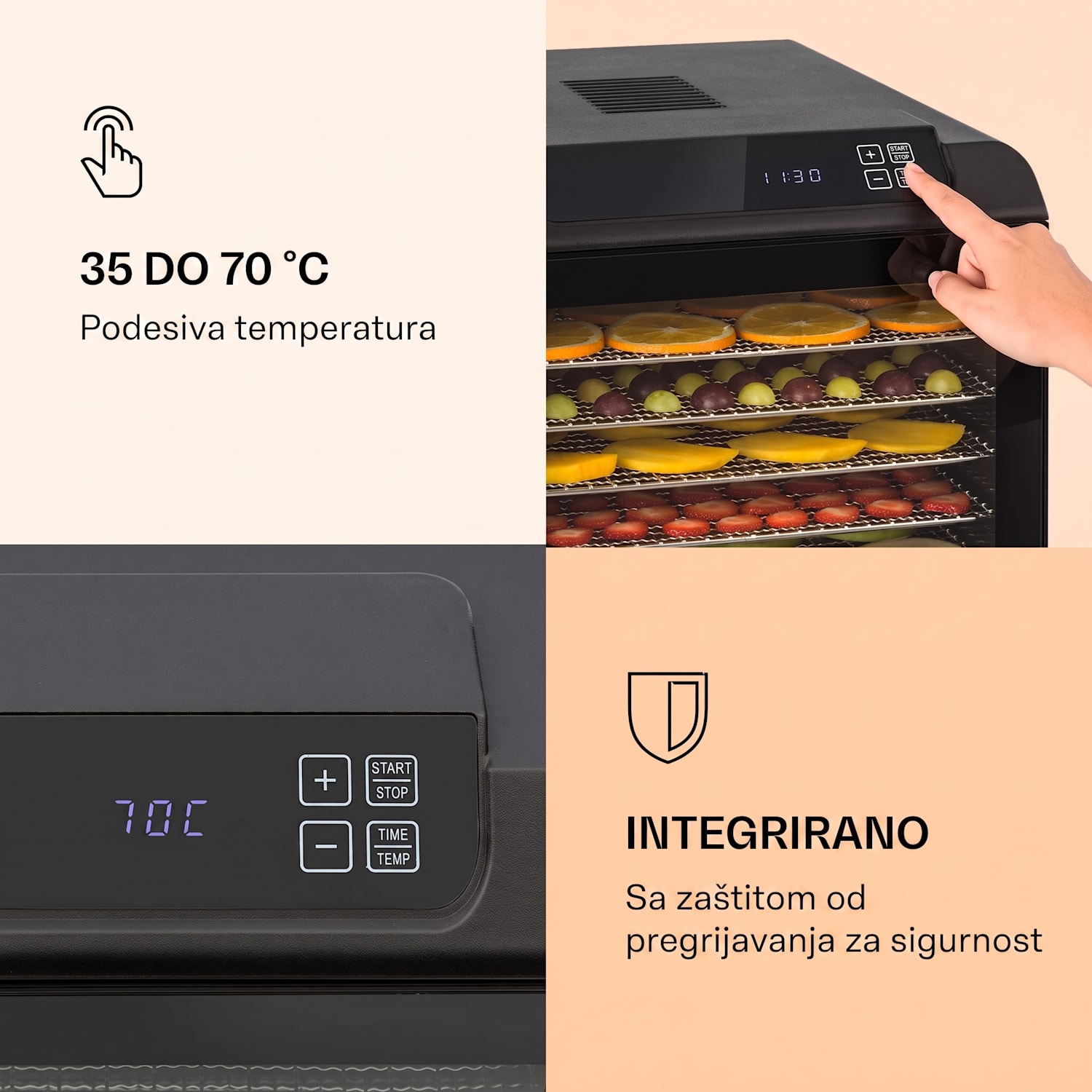 Arizona Jerky, sušač voća, 500 W, 35 - 70 °C, digitalni zaslon osjetljiv na dodir, crni 