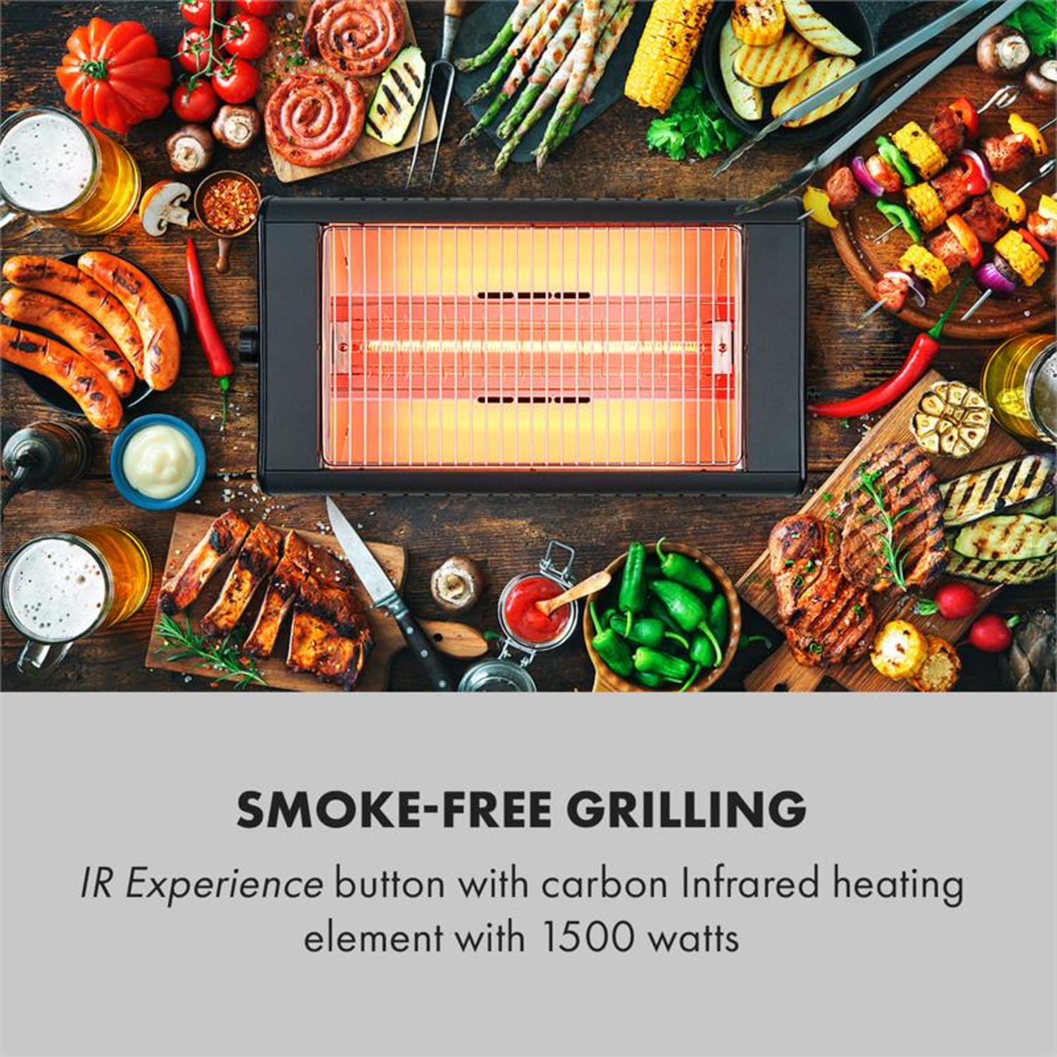 Infragrill, elektromos grillező, infravörös, 1500 W, füst nélkül, fekete 