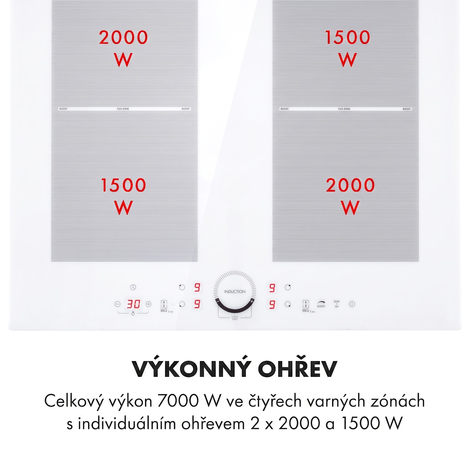 Delicatessa 60, indukční varná deska, 7000 W, 4 zóny, sklokeramika, bílá Bílé sklo