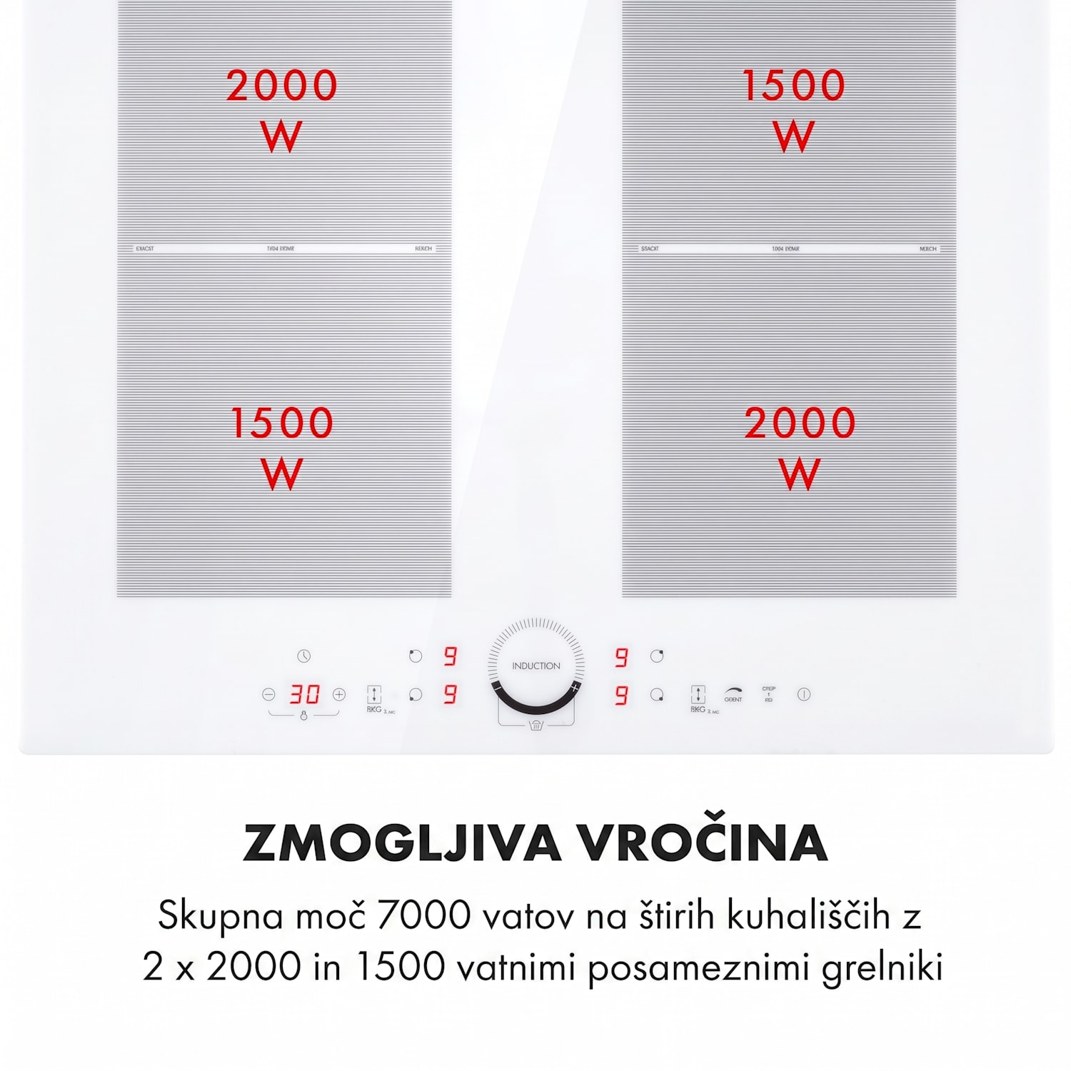 Delicatessa 60, indukcijska kuhalna plošča, 4 cone, 7000 W, steklokeramika, merilec časa, bela Belo Steklo