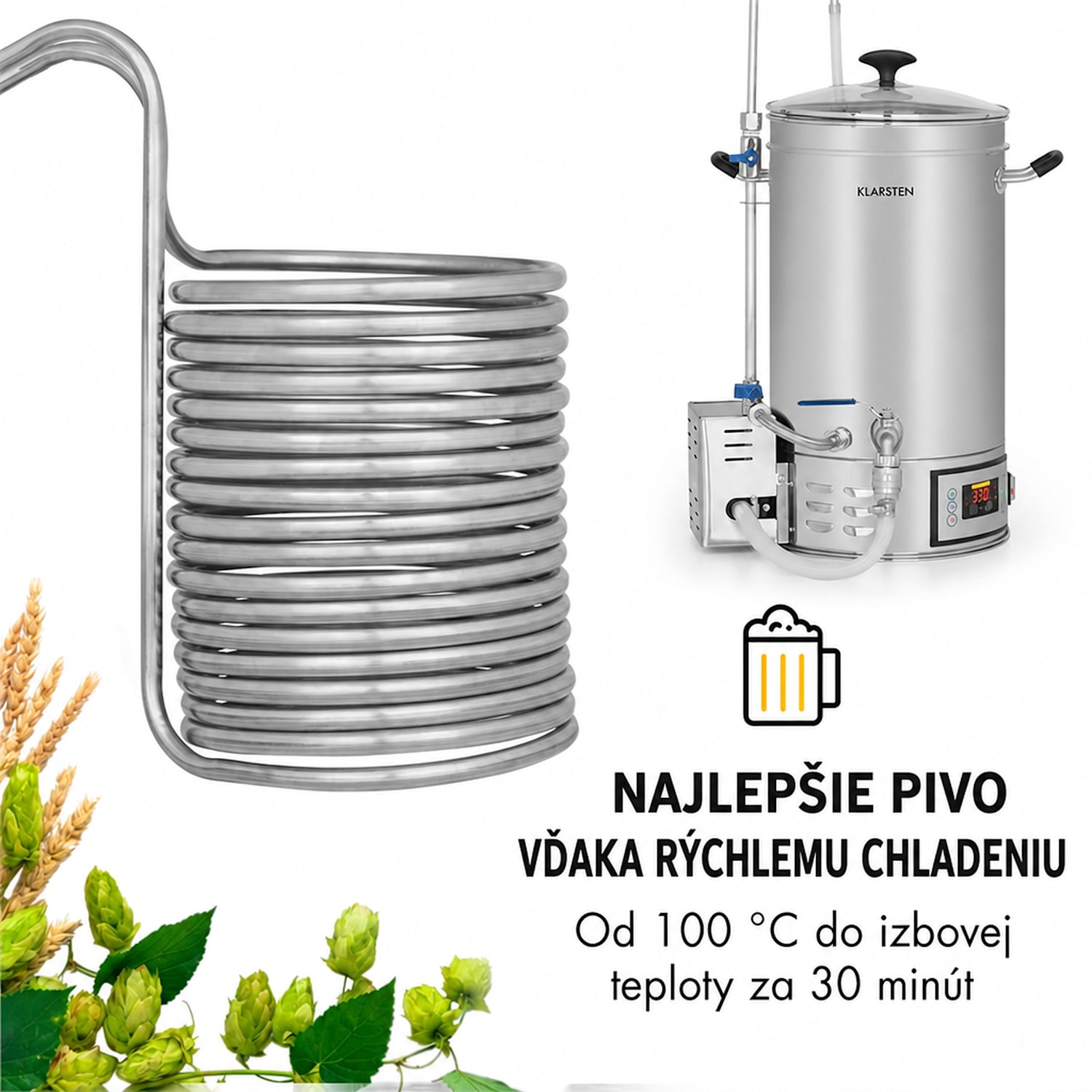 Chiller 12, ponorný chladič, sladový chladič, Ø 21,5 cm, 18 závitov, nehrdzavejúca oceľ 18 chladiacich závitov