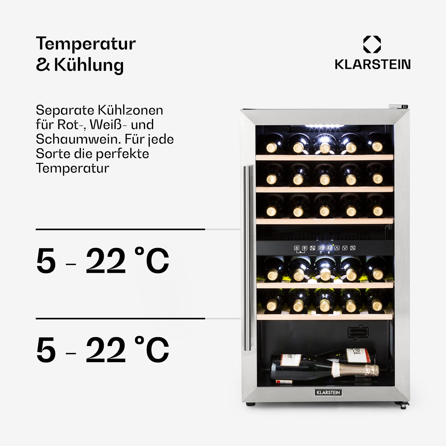 Vinamour 29 Duo Weinkühlschrank 2 Zonen 80L/29 Flaschen 5-22°C  Touch 29 Flaschen | 2 Kühlzonen | Edelstahl