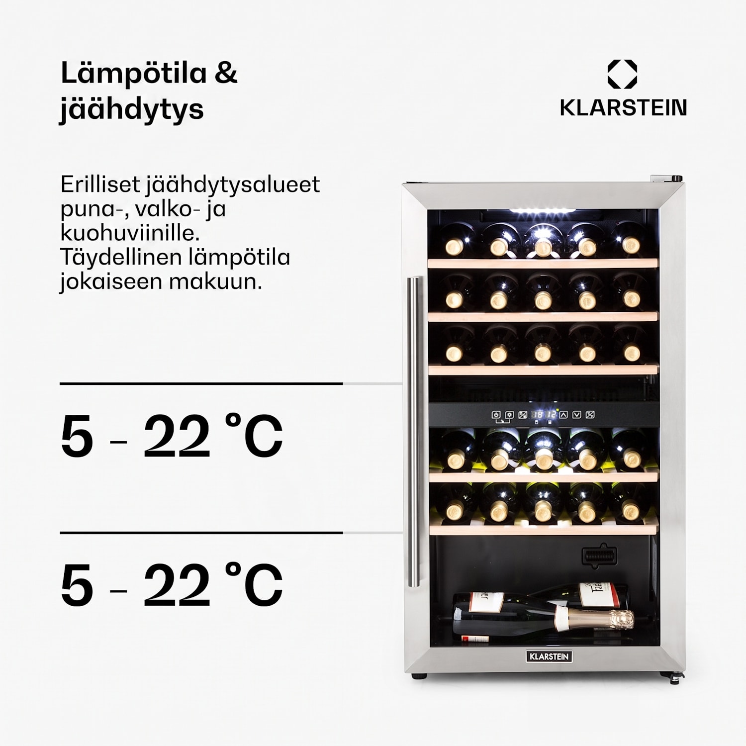 Vinamour 29 Duo viinikaappi 2 aluetta 80 l/29 pulloa 5-22°C  kosketus 29 pulloa | 2 jäähdytysalue | Ruostumaton Teräs