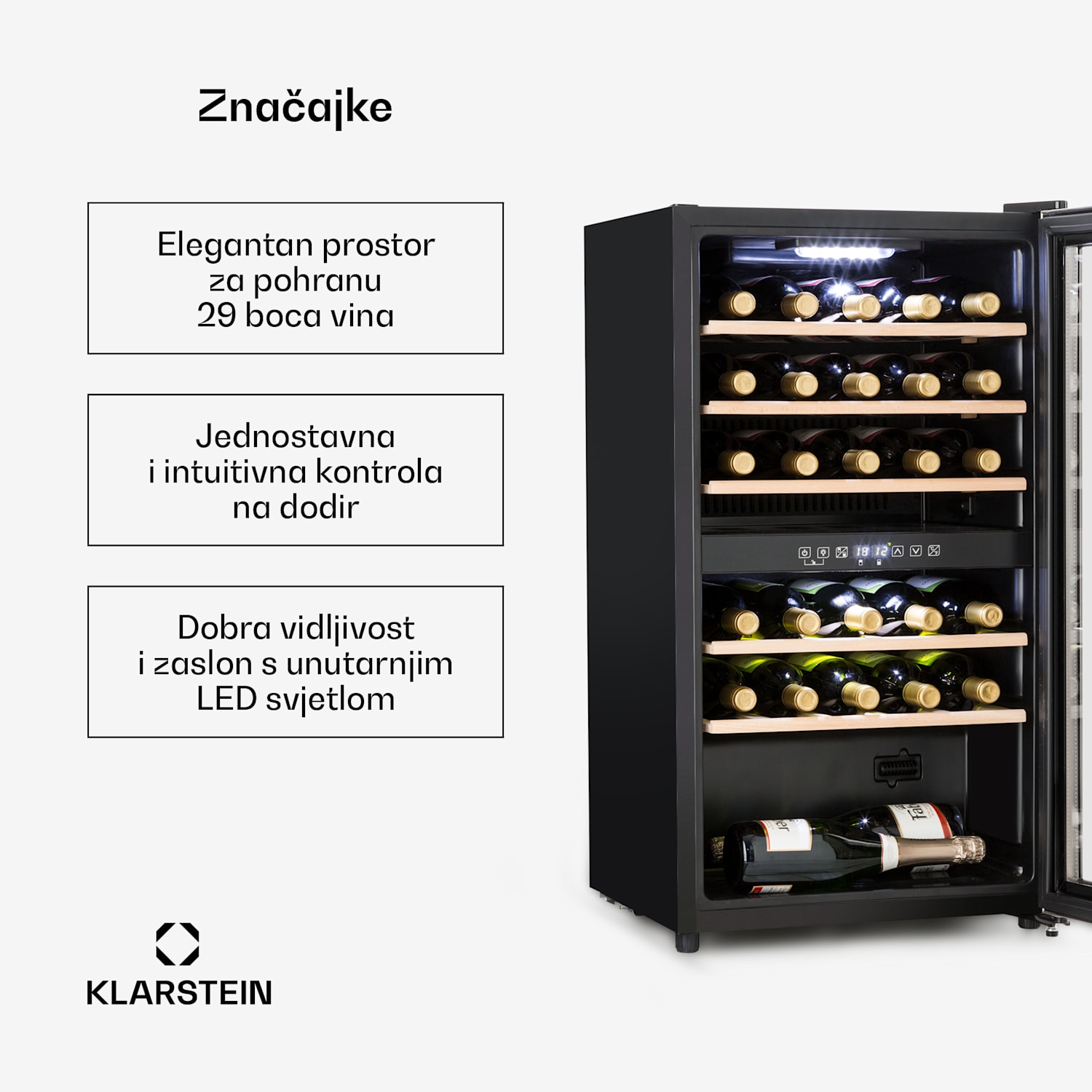 Vinamour 29D, vinoteka, 2 zone, 80 l, 29 boca, 5 - 22 ° C, zaslon osjetljiv na dodir 29_bottles | 2 | Nehrđajući čelik