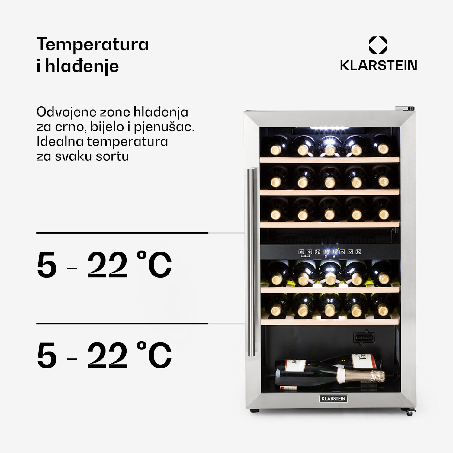 Vinamour 29D, vinoteka, 2 zone, 80 l, 29 boca, 5 - 22 ° C, zaslon osjetljiv na dodir 29_bottles | 2 | Nehrđajući čelik