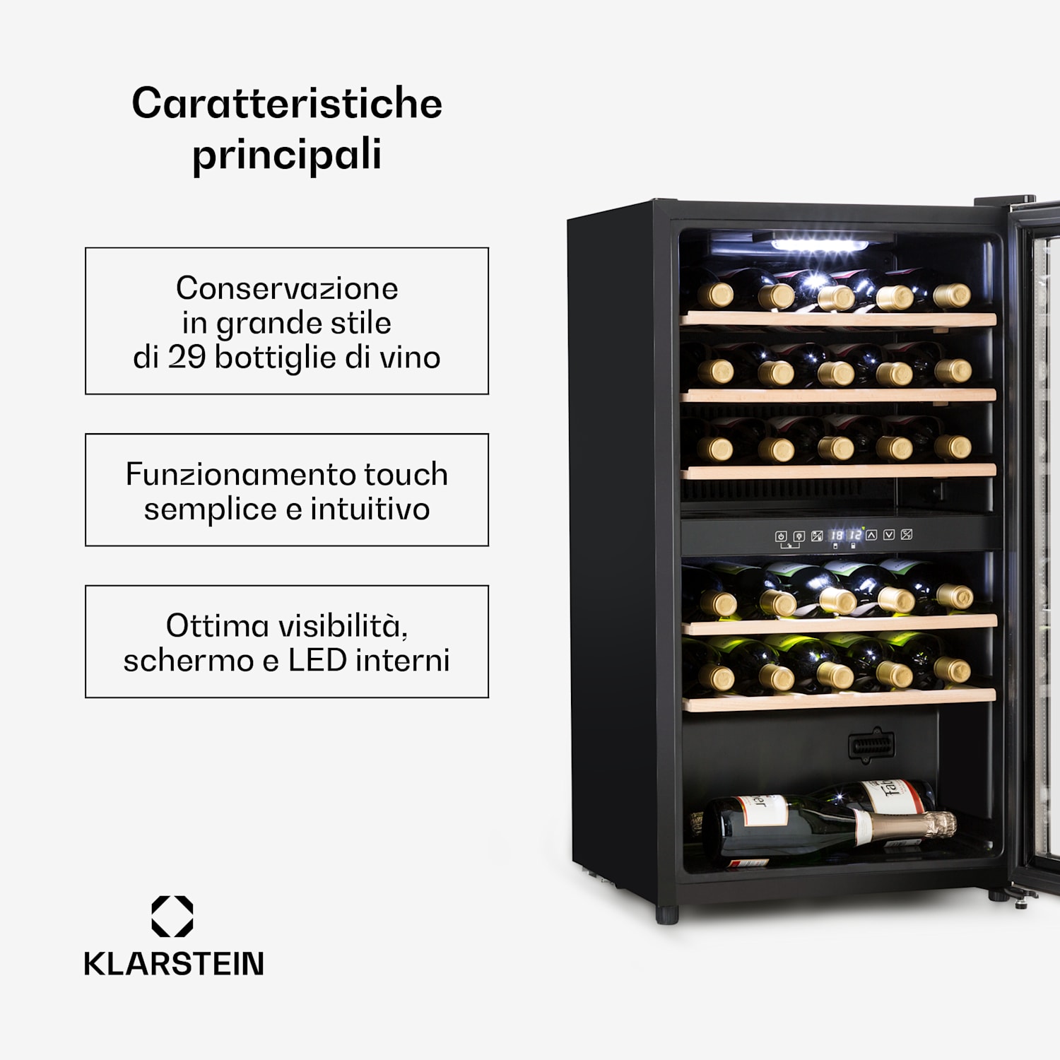 Vinamour 29 Duo - Frigorifero per vini, 2 zone, 80 L/29 bottiglie, 5-22°C,  touch 29 bottiglie | 2 zone di raffreddamento | Acciaio inox