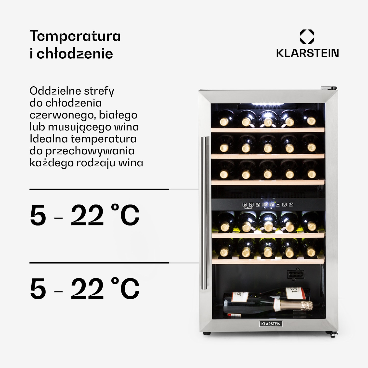 Vinamour 29D, chłodziarka do wina, 2 strefy, 80 l, 29 butelek, 5-22°C, sterowanie dotykowe 