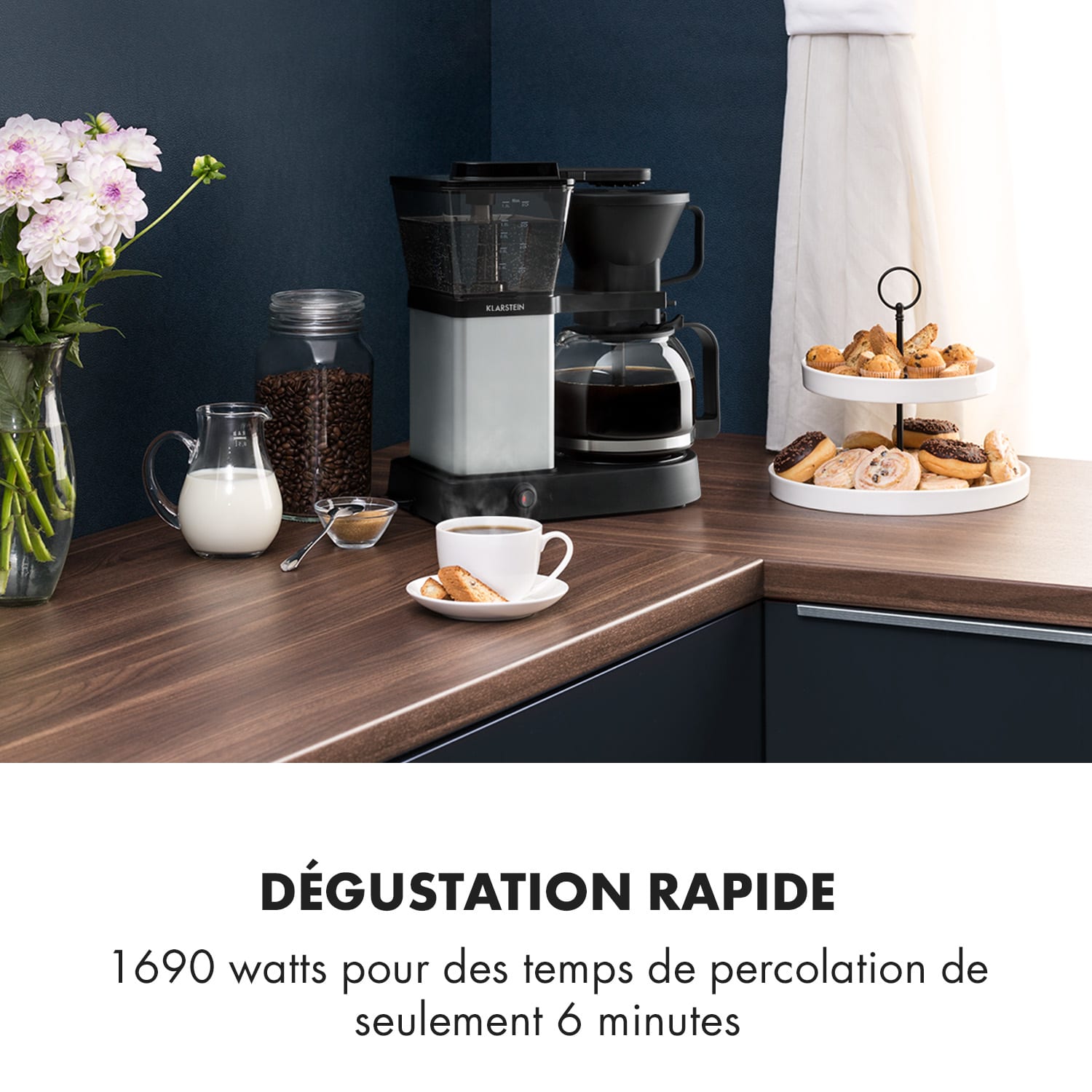 GrandeGusto Cafetière électrique 1,3L pré-infusion 1690W - noir & méta Métallique