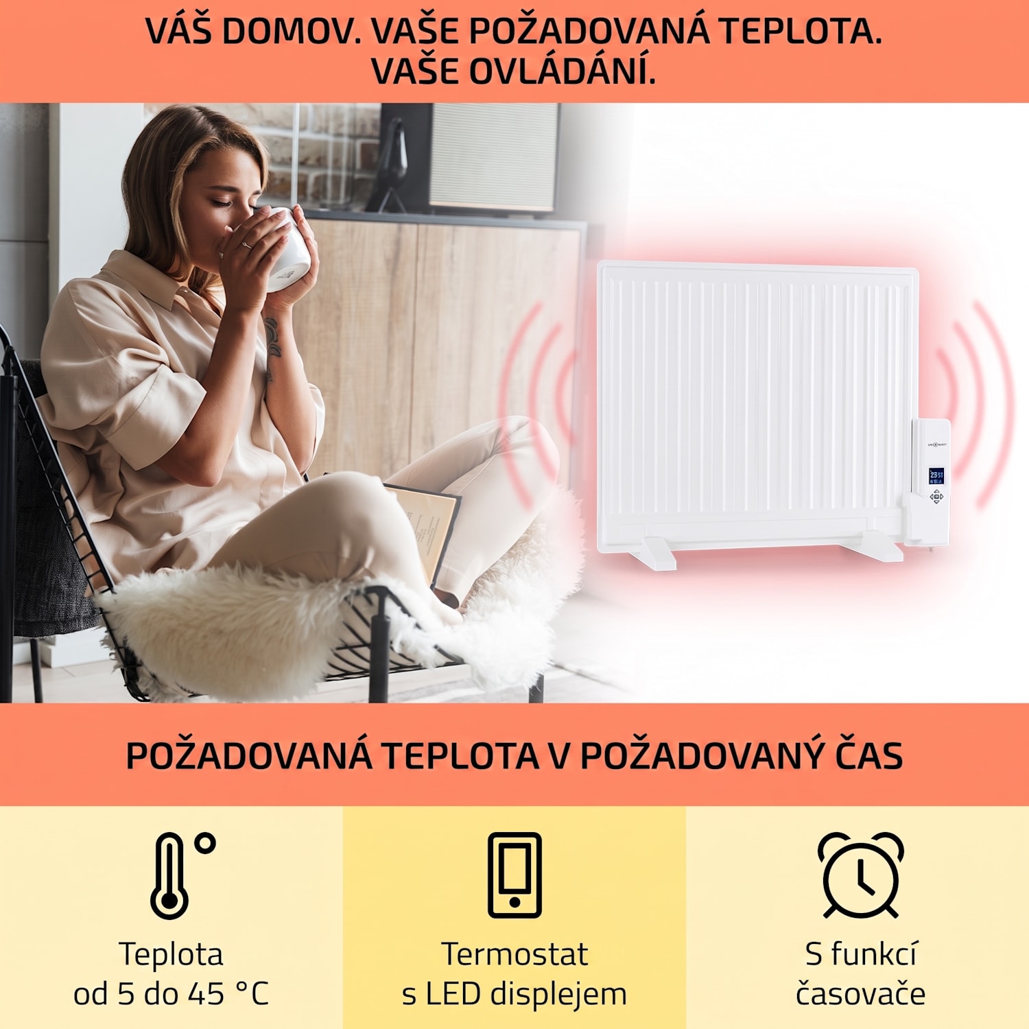 Wallander, olejový radiátor, 600 W, termostat, olejové vyhřívání, plochý design, bílý 600 W | Bílá