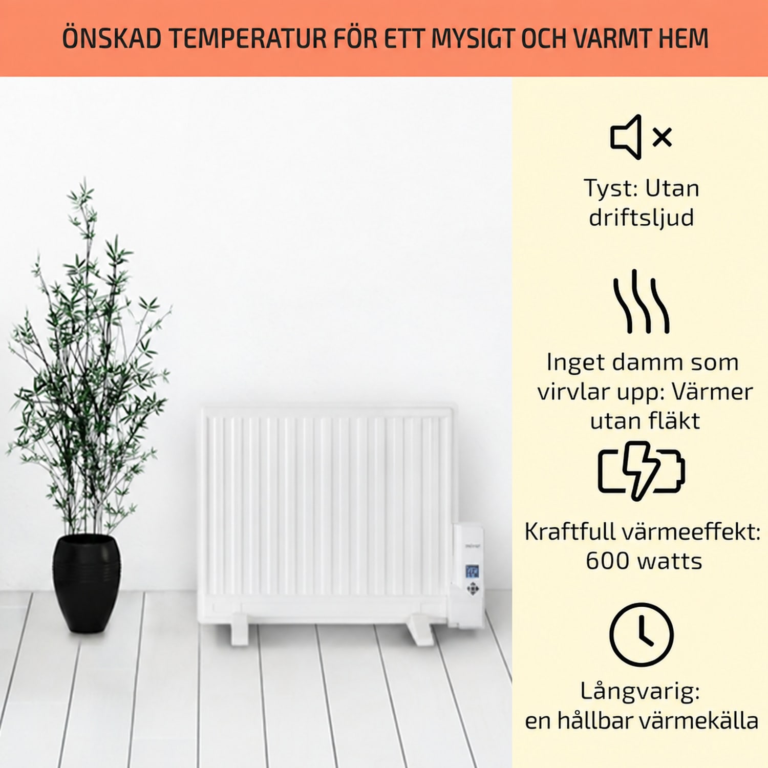 Wallander oljefyllt element 600 W LED-display veckotimer vit 600 W | Vit