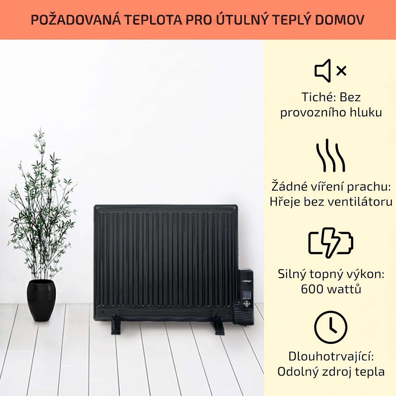 Wallander, olejový radiátor, 600 W, termostat, olejové vyhřívání, plochý design, černý 600 W | Černá