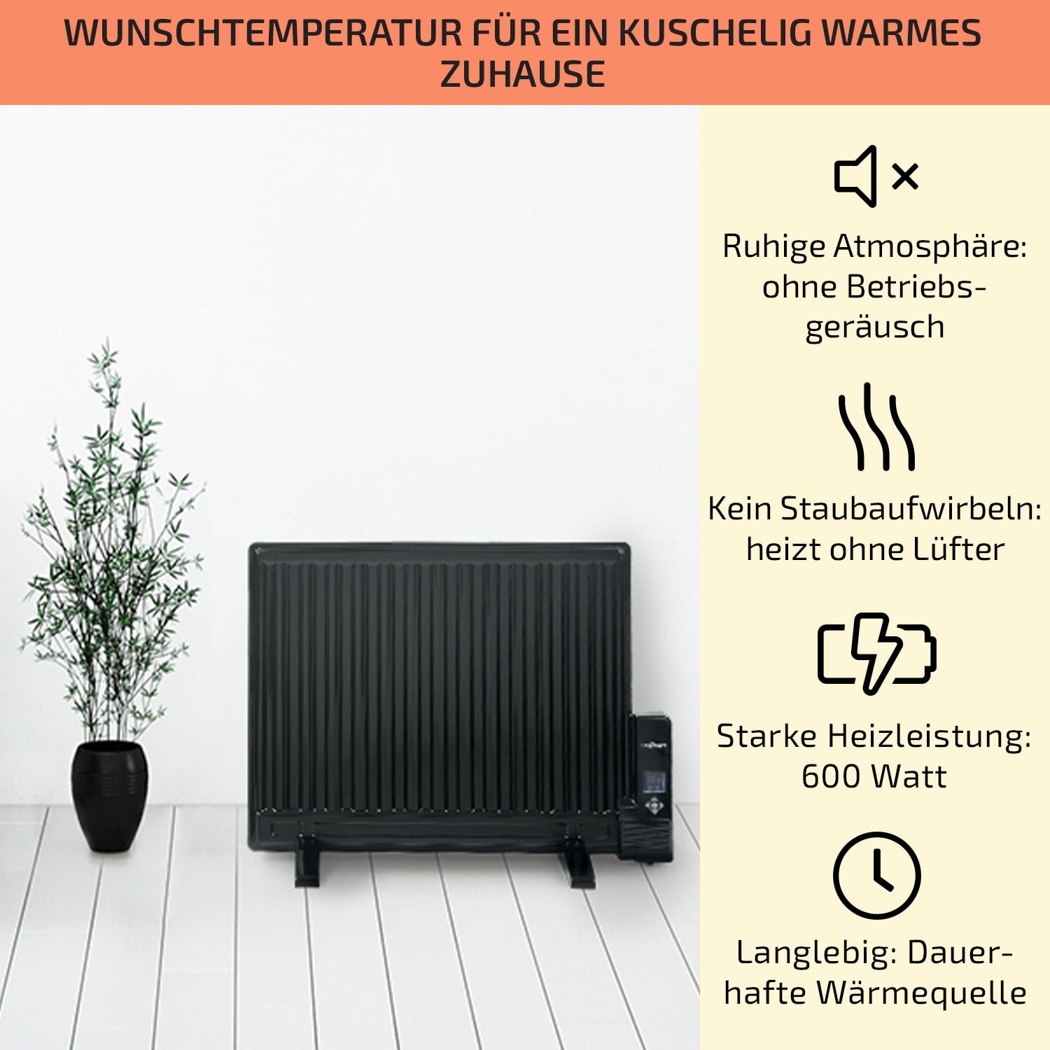Wallander Ölradiator 600W Thermostat Ölheizung ultraflach schwarz 600 W | Schwarz