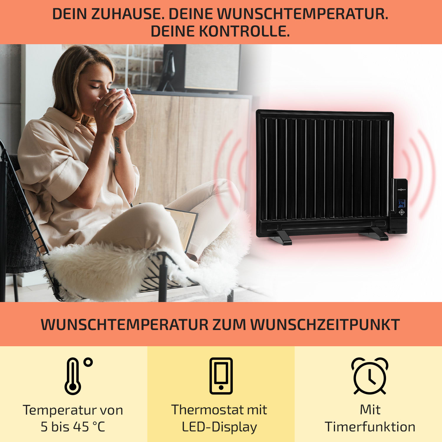 Wallander Ölradiator 600W Thermostat Ölheizung ultraflach schwarz 600 W | Schwarz