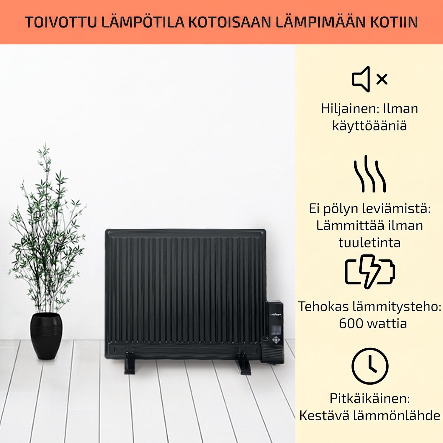 Wallander öljylämmitin 600 W termostaatti erittäin litteä musta 600 W | Musta