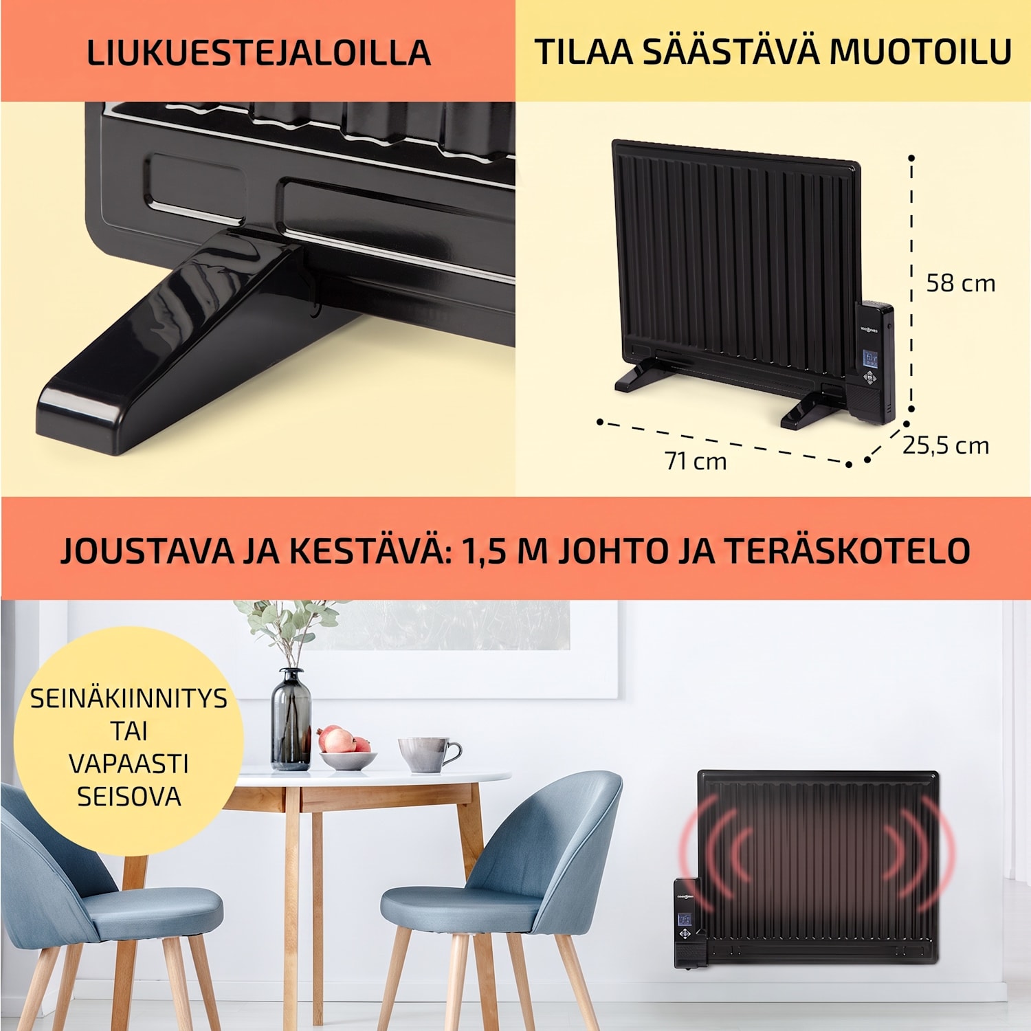 Wallander öljylämmitin 600 W termostaatti erittäin litteä musta 600 W | Musta