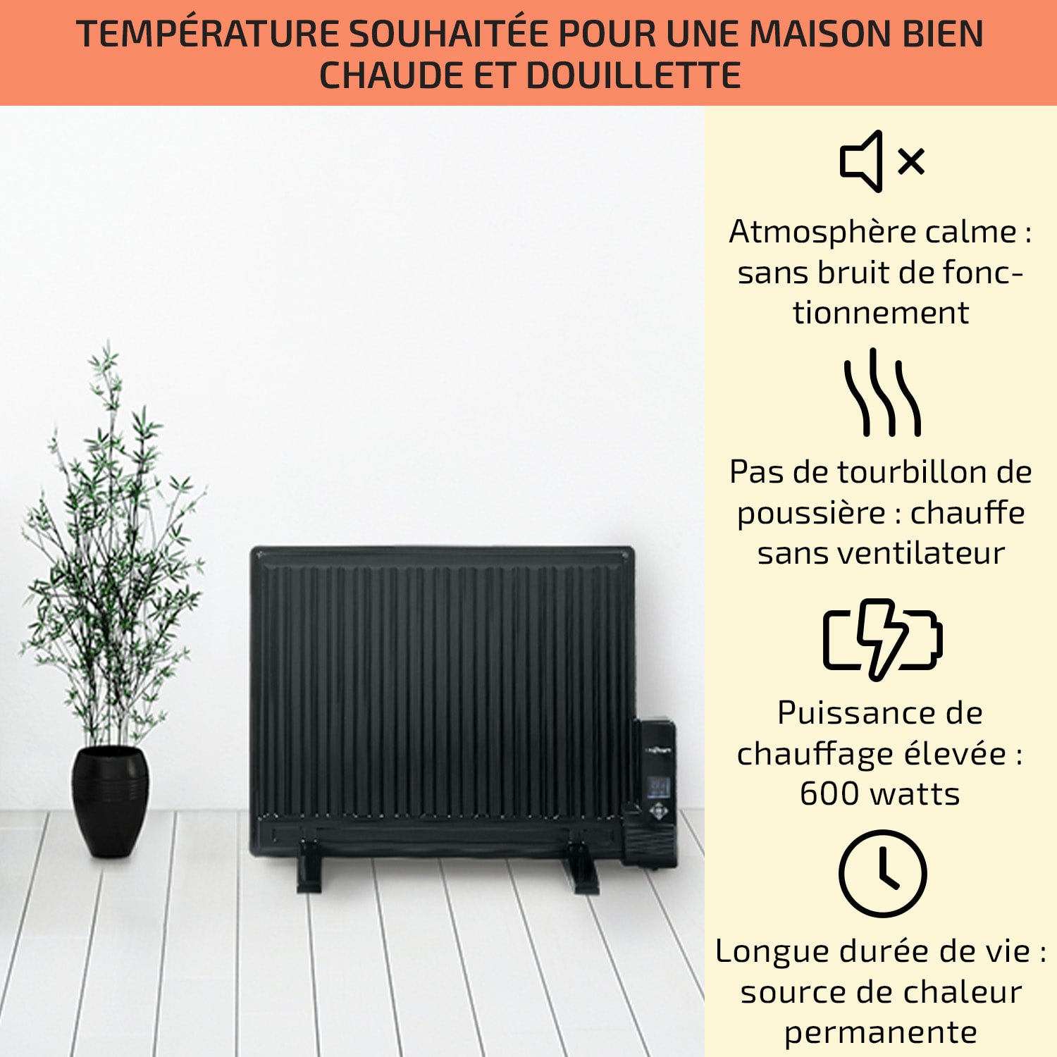 Wallander Radiateur à bain d'huile ultra plat 600W thermostat - noir 600 W | Noir