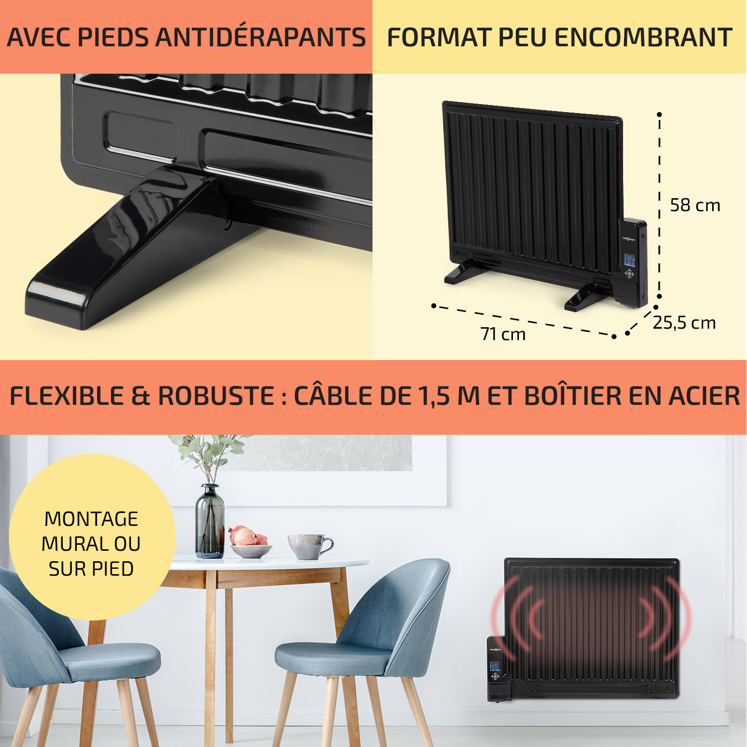 Wallander Radiateur à bain d'huile ultra plat 600W thermostat - noir 600 W | Noir