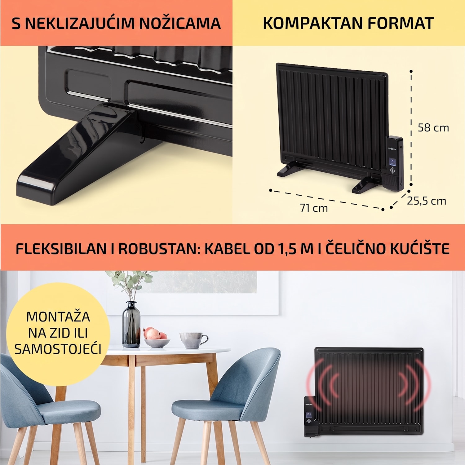Wallander, uljni radijator, 600 W, termostat, uljno zagrijavanje, ultra tanki dizajn, crni 600 W | Crna