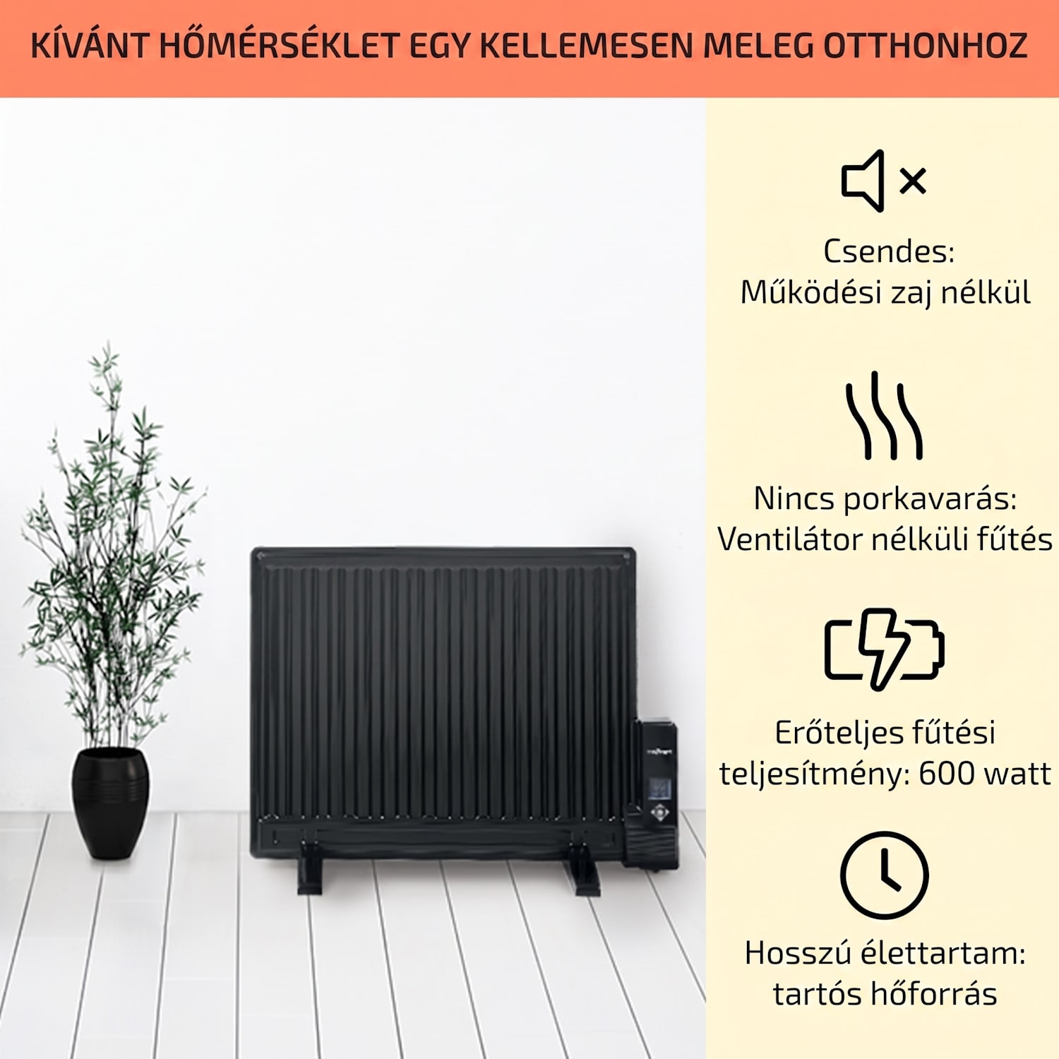 Wallander, olajradiátor, 600 W, termosztát, olajfűtés, lapos design, fekete 600 W | Fekete