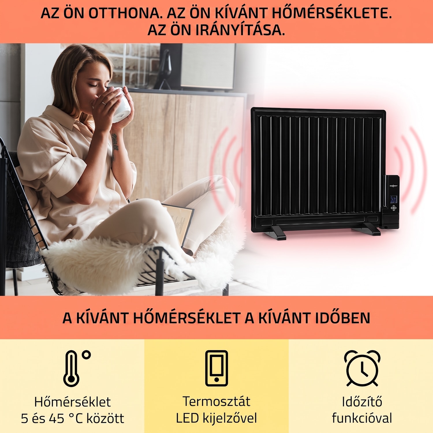 Wallander, olajradiátor, 600 W, termosztát, olajfűtés, lapos design, fekete 600 W | Fekete