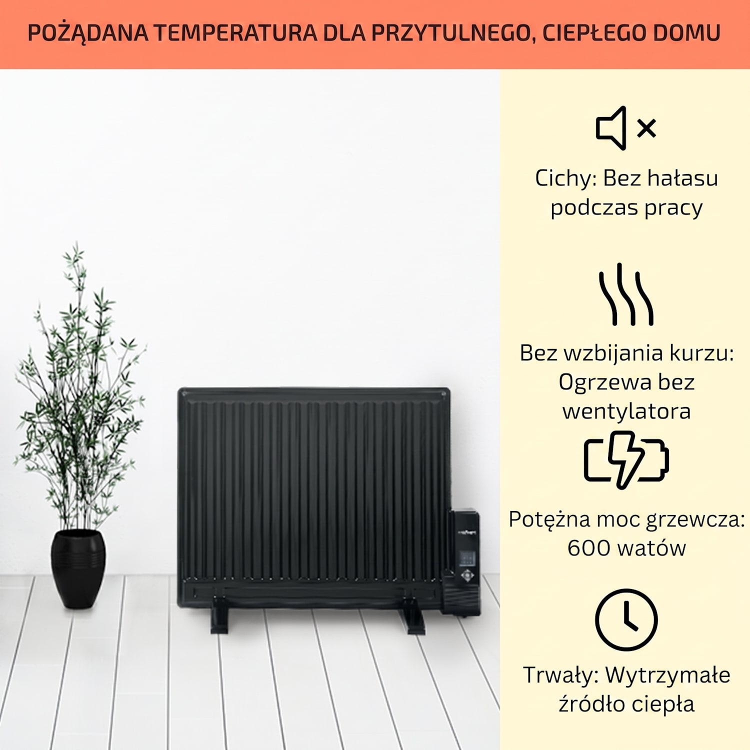 Wallander, grzejnik olejowy, 600 W, termostat, ogrzewanie olejowe, płaska konstrukcja, kolor czarny 600 W | Czarny