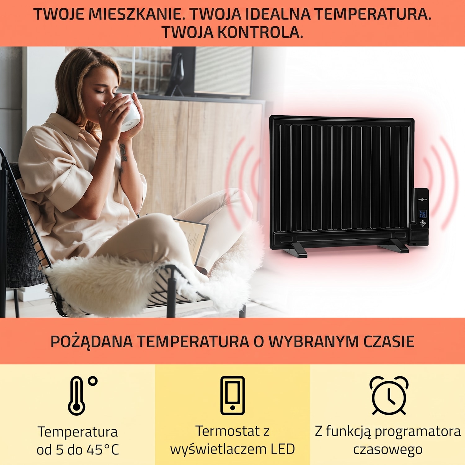 Wallander, grzejnik olejowy, 600 W, termostat, ogrzewanie olejowe, płaska konstrukcja, kolor czarny 600 W | Czarny