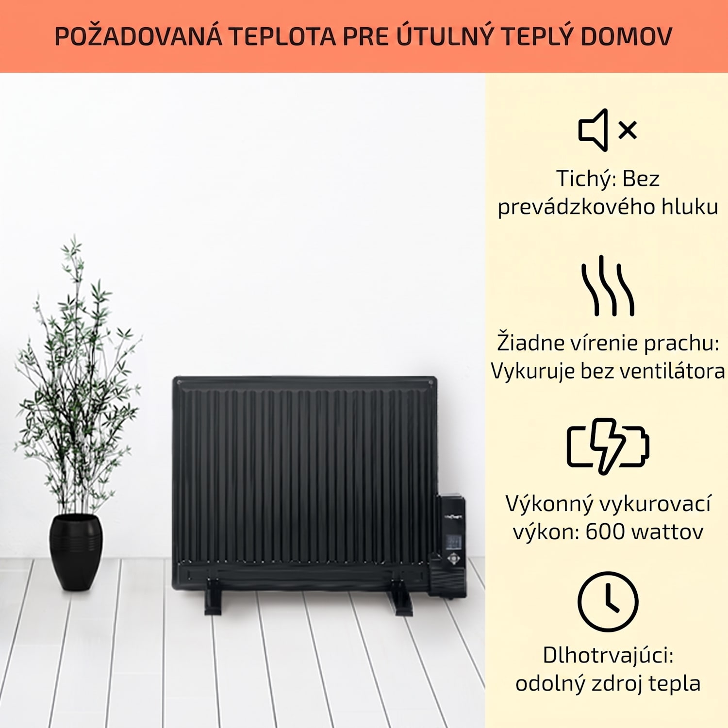 Wallander, olejový radiátor, 600 W, termostat, olejové vyhrievanie, plochý dizajn, čierny 600 W | Čierna