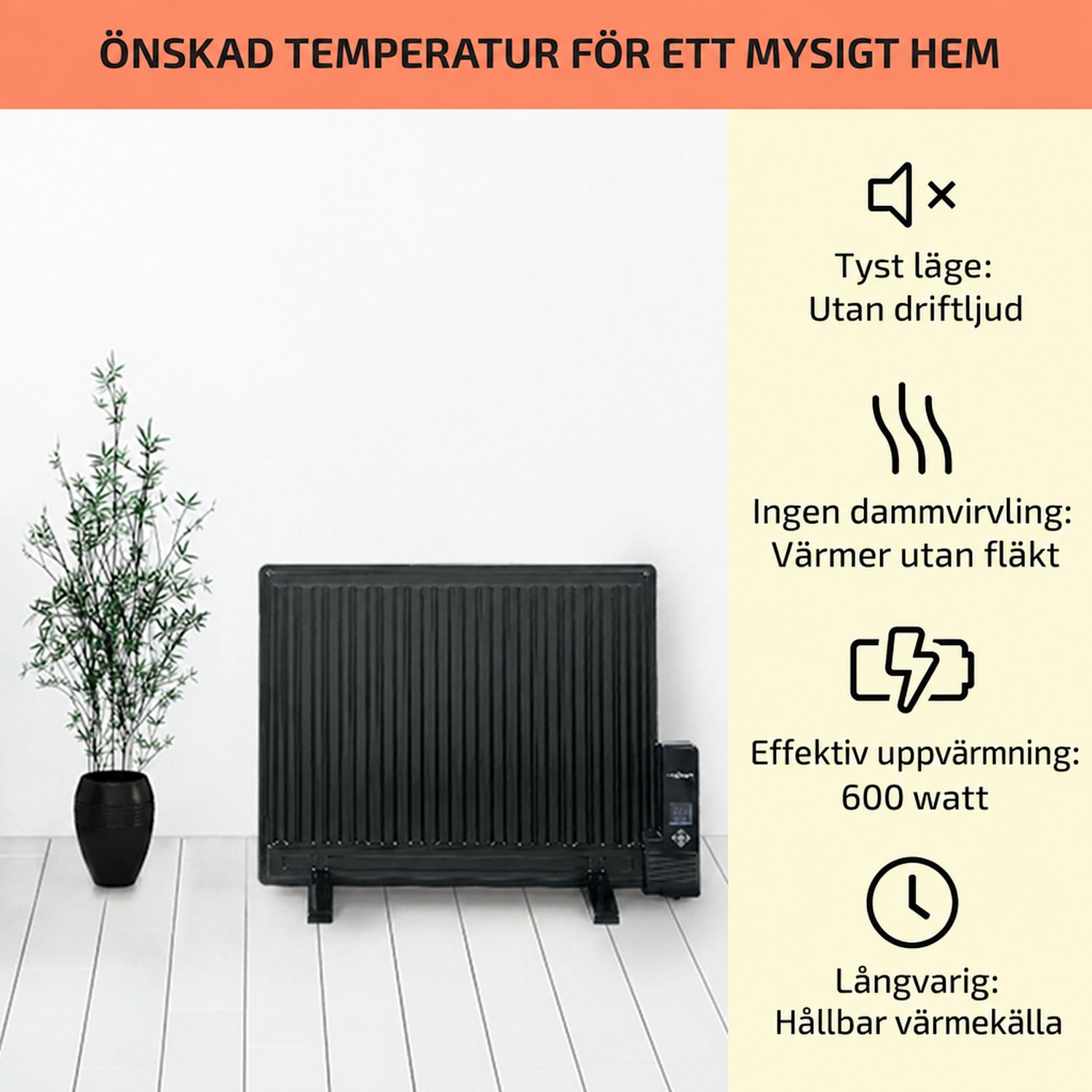 Wallander oljefyllt element 600 W termostat element ultraplatt svart 600 W | Svart
