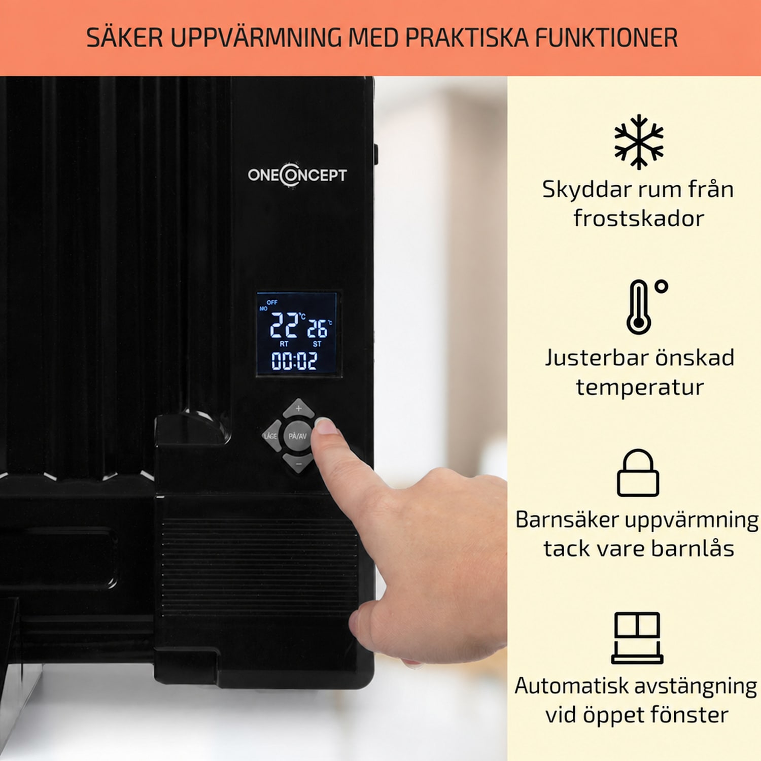Wallander oljefyllt element 600 W termostat element ultraplatt svart 600 W | Svart