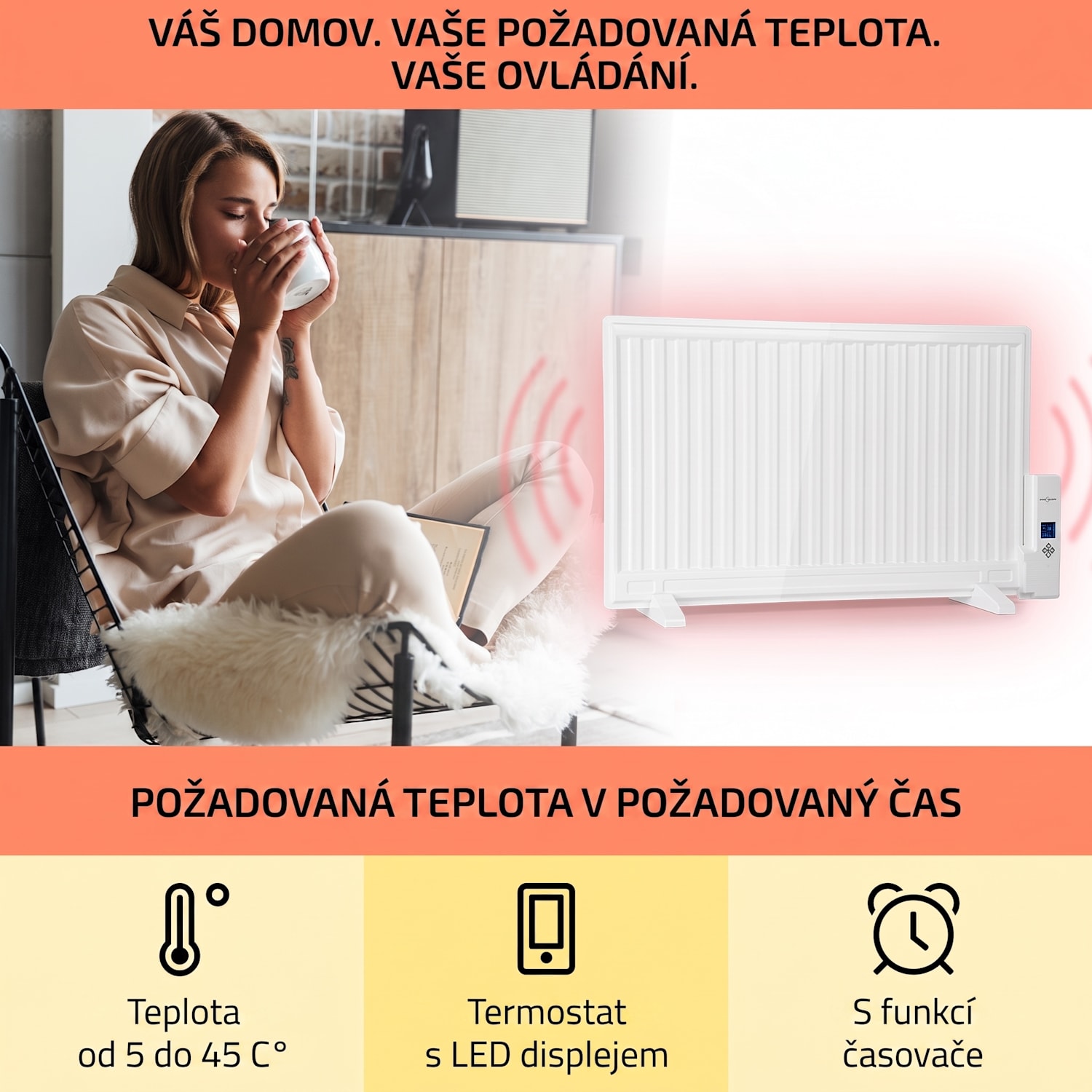 Wallander, olejový radiátor, 800 W, termostat, olejové vyhřívání, plochý design, bílý 800 W | Bílá